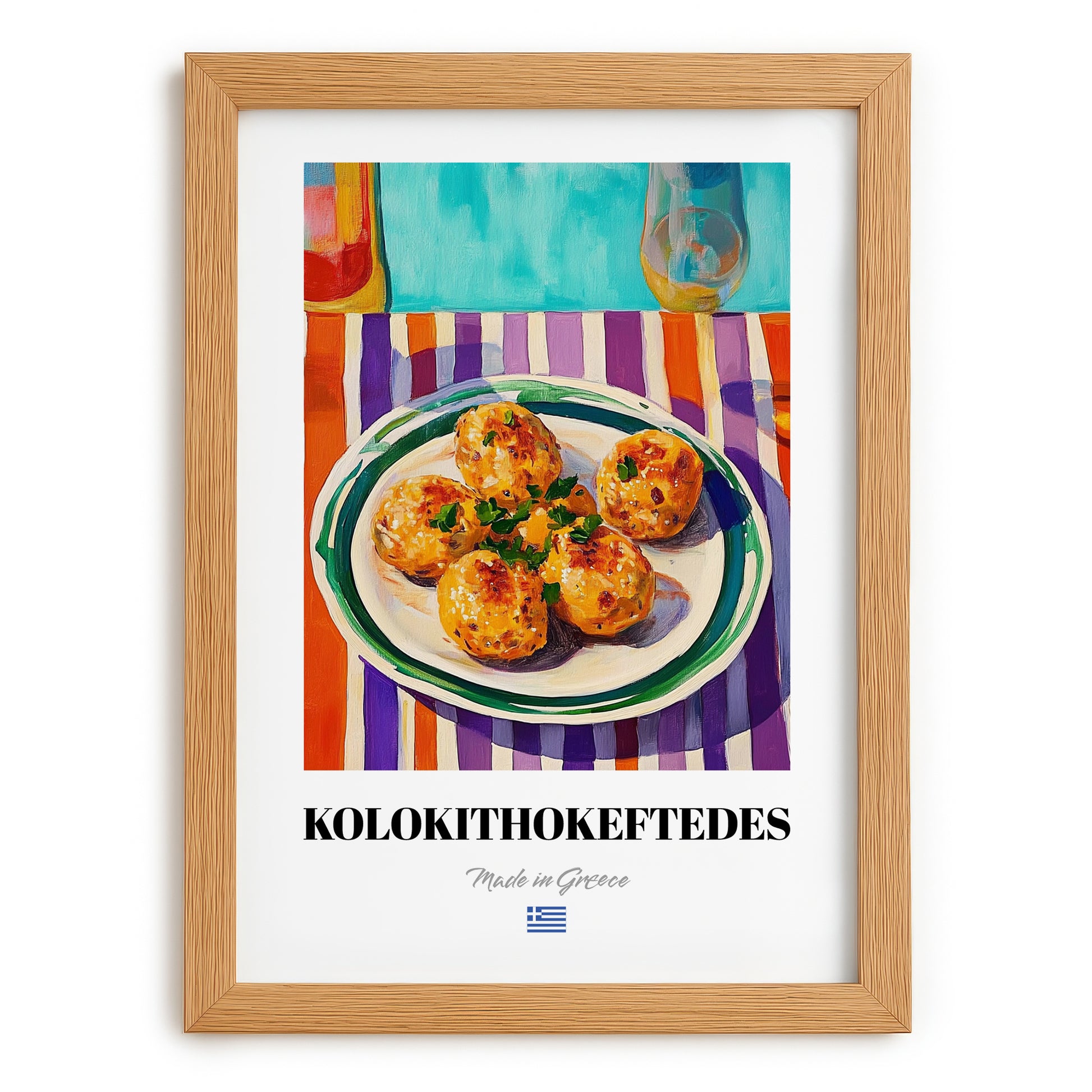 Kolokithokeftedes – Oil Painting, Greek Food Illustration, set in oak frame
