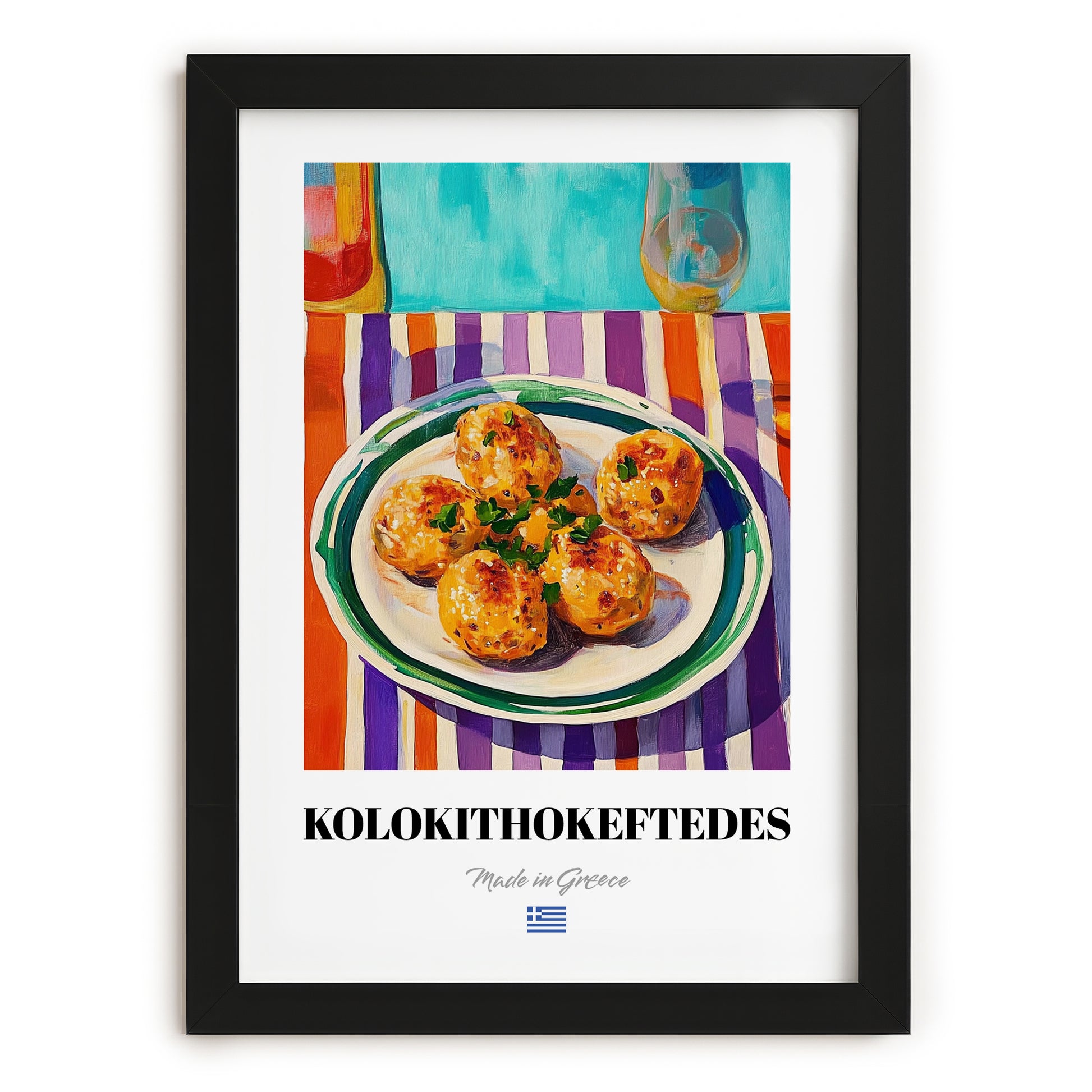 Kolokithokeftedes – Oil Painting, Greek Food Illustration, in sleek black frame