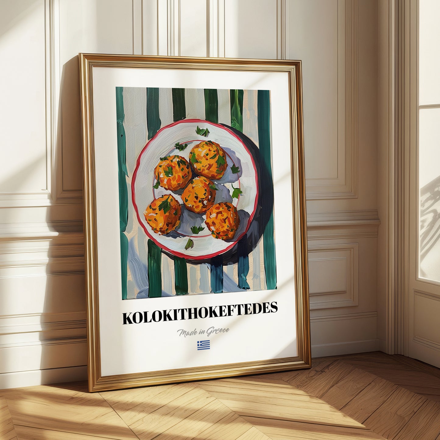 Kolokithokeftedes – on Striped Tablecloth, Greek Food Illustration