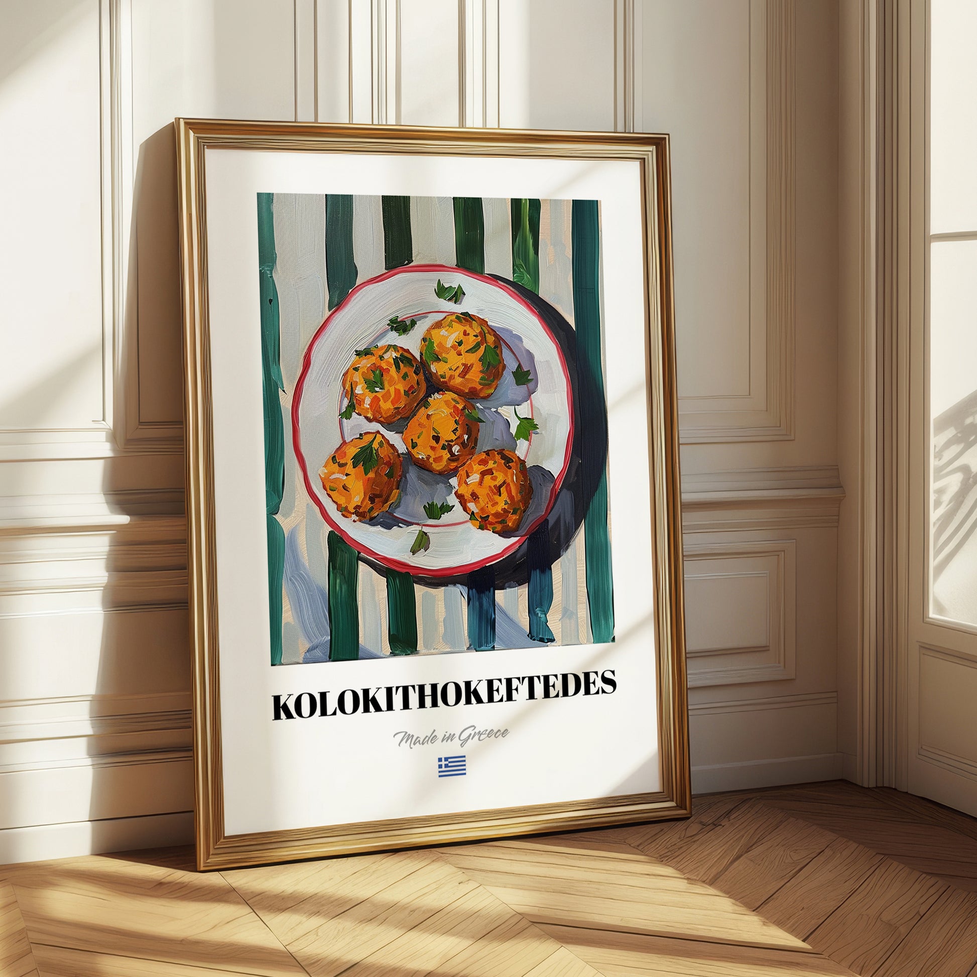 Kolokithokeftedes – on Striped Tablecloth, Greek Food Illustration