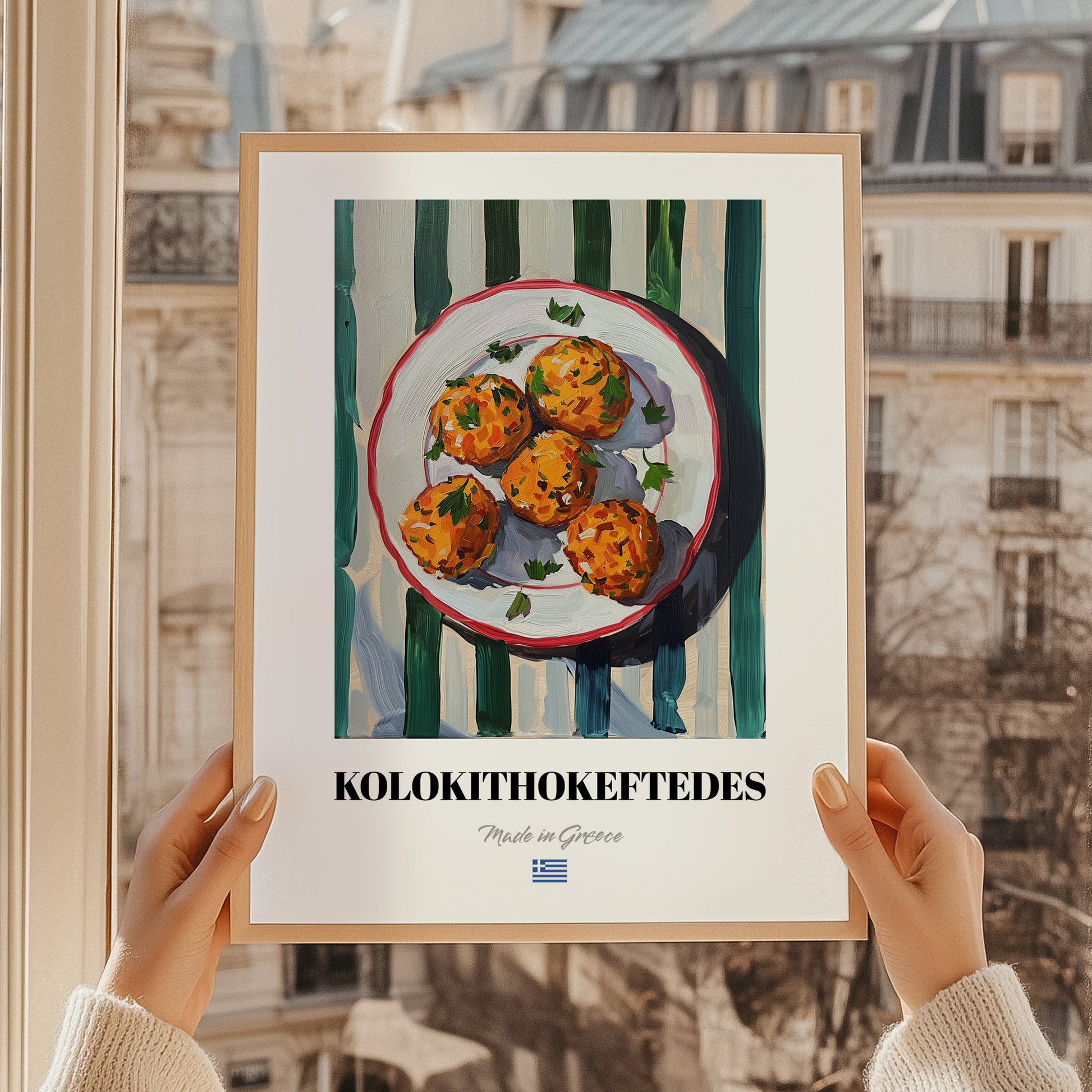 Kolokithokeftedes – on Striped Tablecloth, Greek Food Illustration, styled in a charming Paris street view