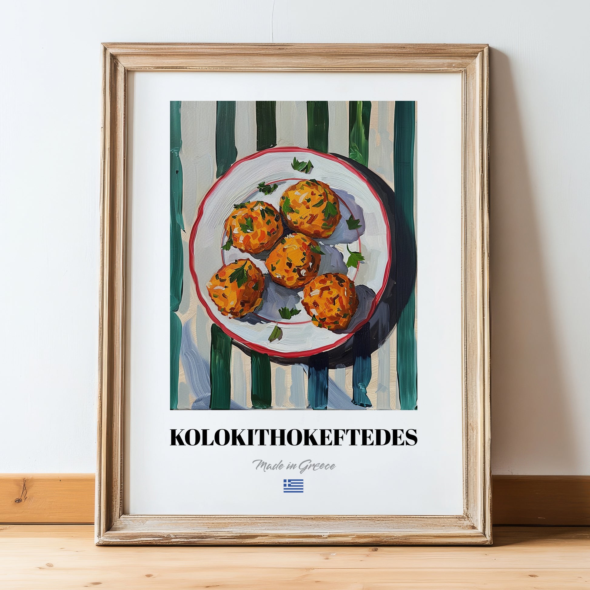 Kolokithokeftedes – on Striped Tablecloth, Greek Food Illustration, in wooden frame leaning on the floor