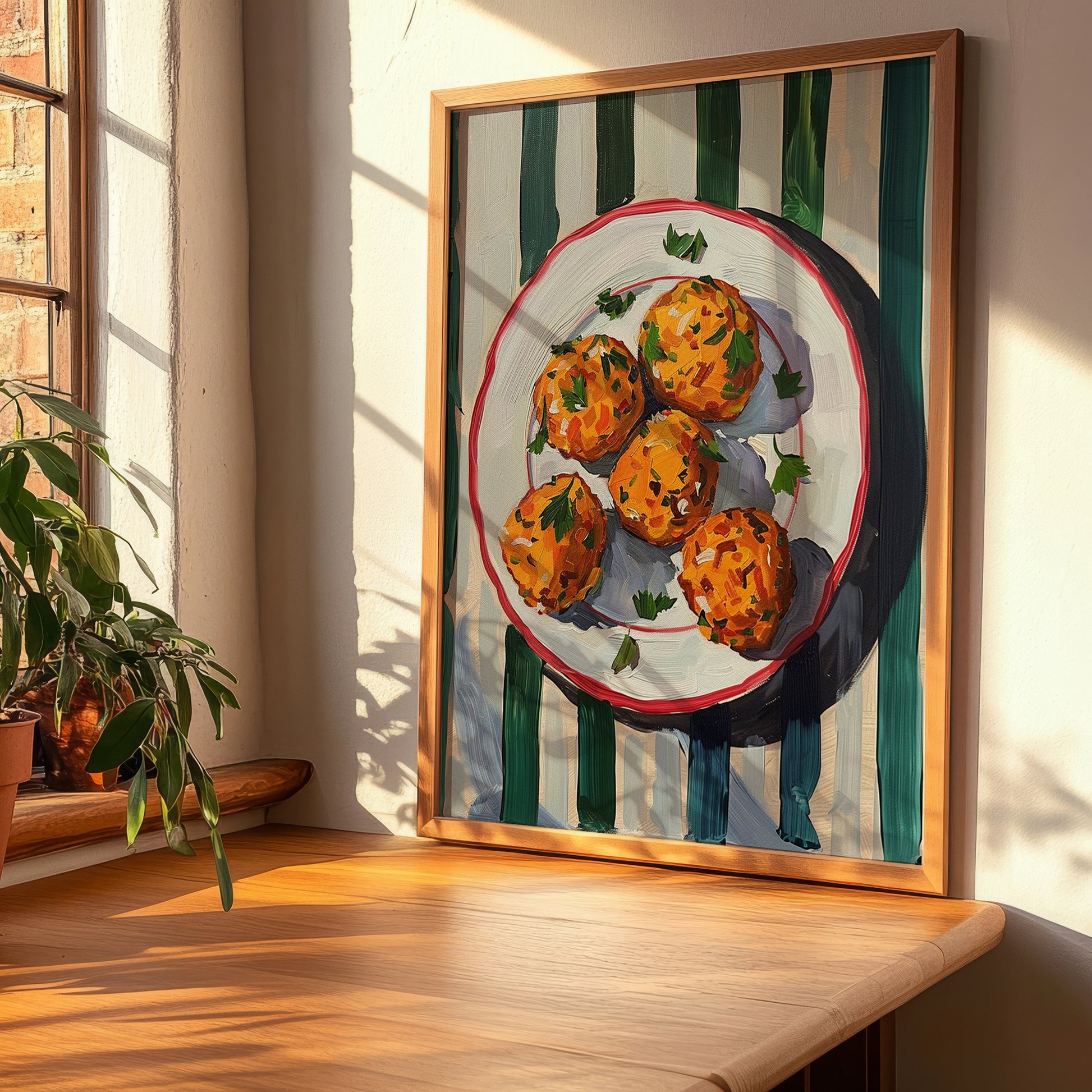 Kolokithokeftedes – on Striped Tablecloth, Greek Food Illustration, clean layout with no caption