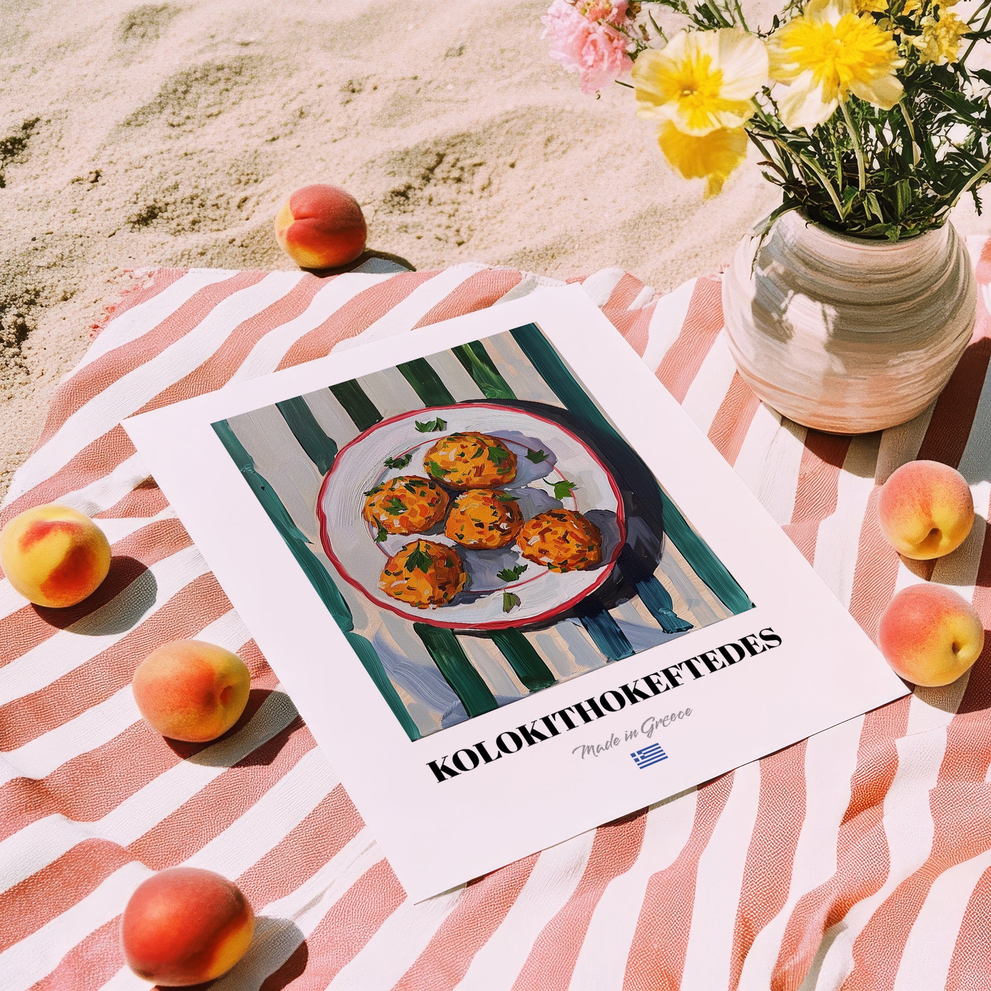Kolokithokeftedes – on Striped Tablecloth, Greek Food Illustration, unframed on coastal sand