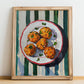 Kolokithokeftedes – on Striped Tablecloth, Greek Food Illustration, no-text version framed in wood