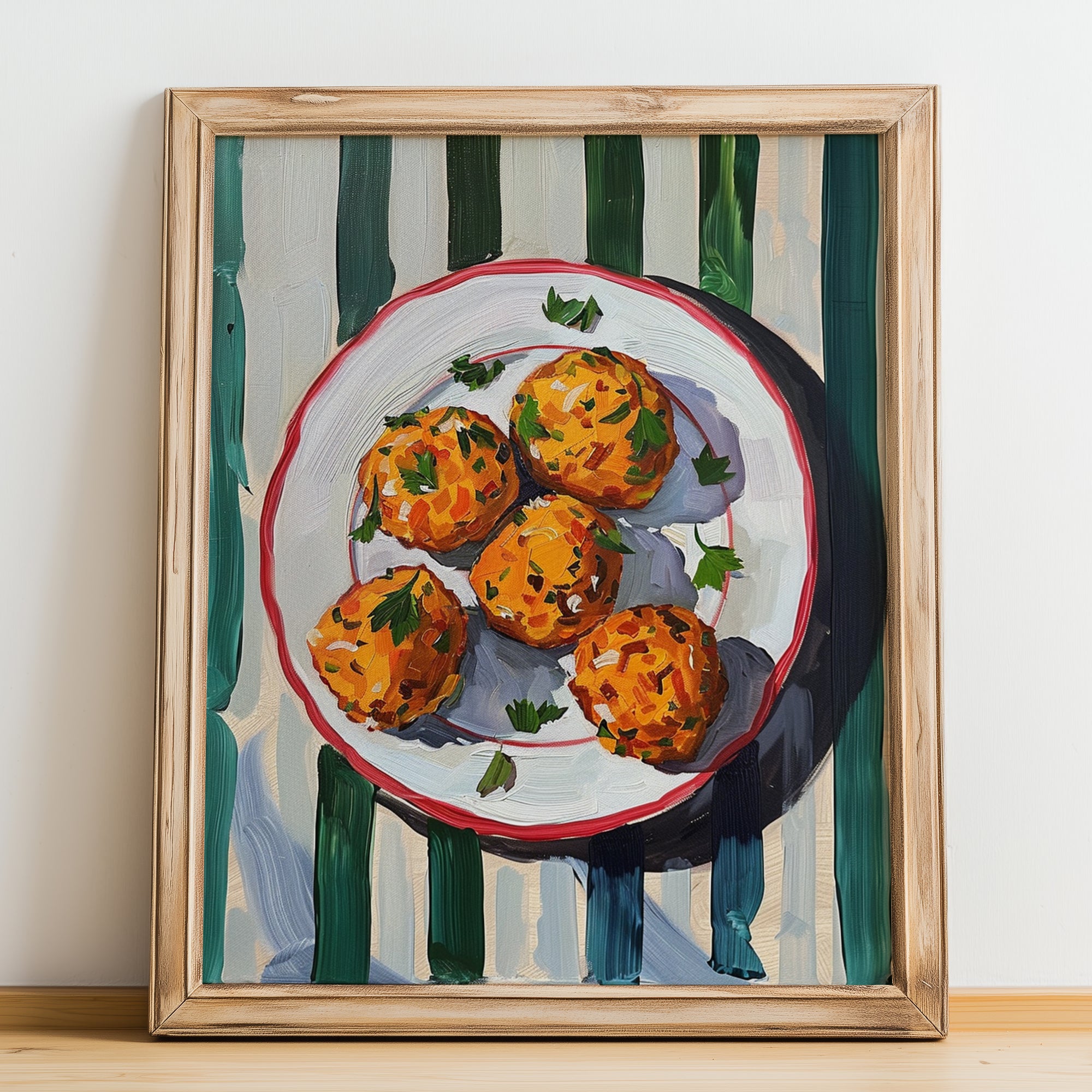 Kolokithokeftedes – on Striped Tablecloth, Greek Food Illustration, no-text version framed in wood