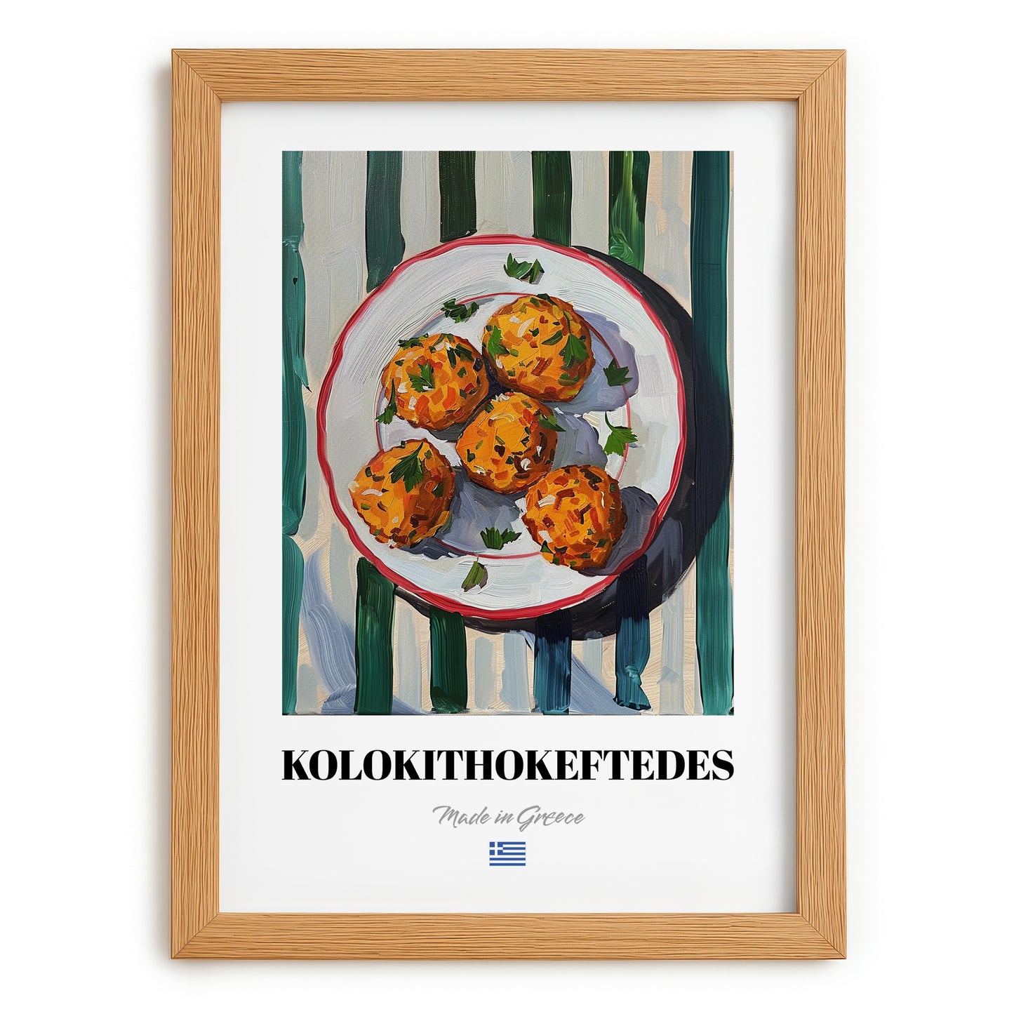Kolokithokeftedes – on Striped Tablecloth, Greek Food Illustration, set in oak frame