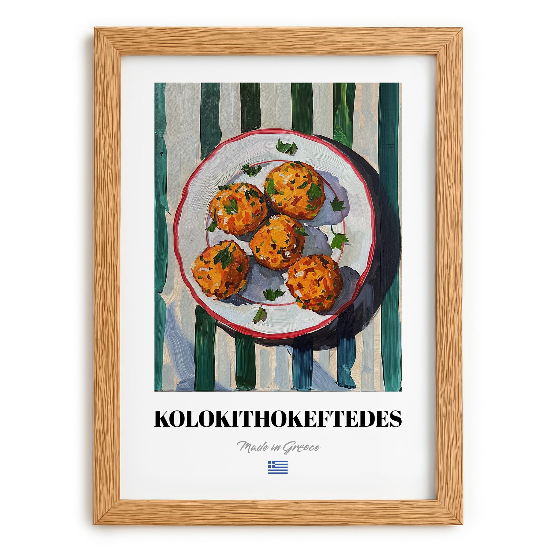 Kolokithokeftedes – on Striped Tablecloth, Greek Food Illustration, set in oak frame