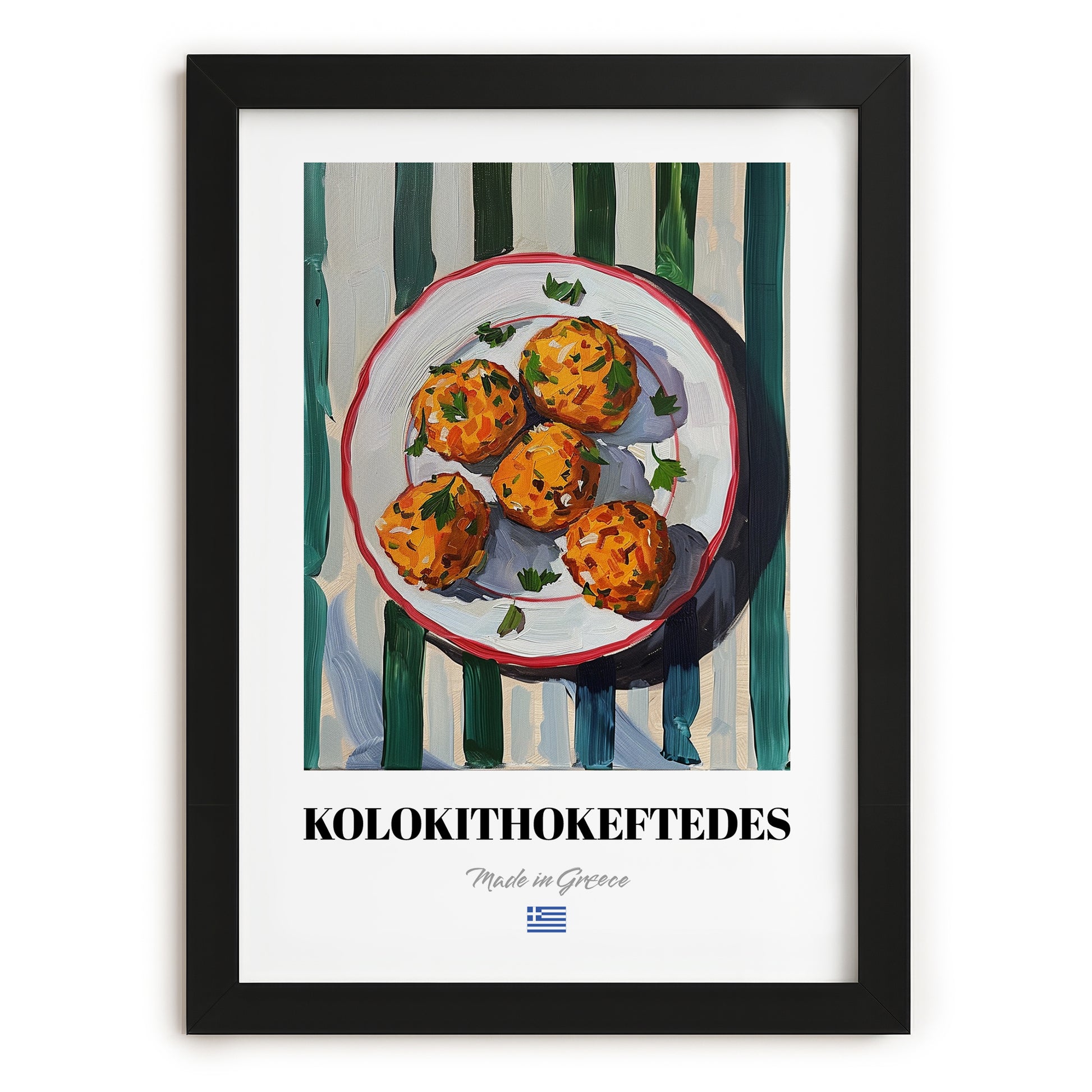 Kolokithokeftedes – on Striped Tablecloth, Greek Food Illustration, in sleek black frame