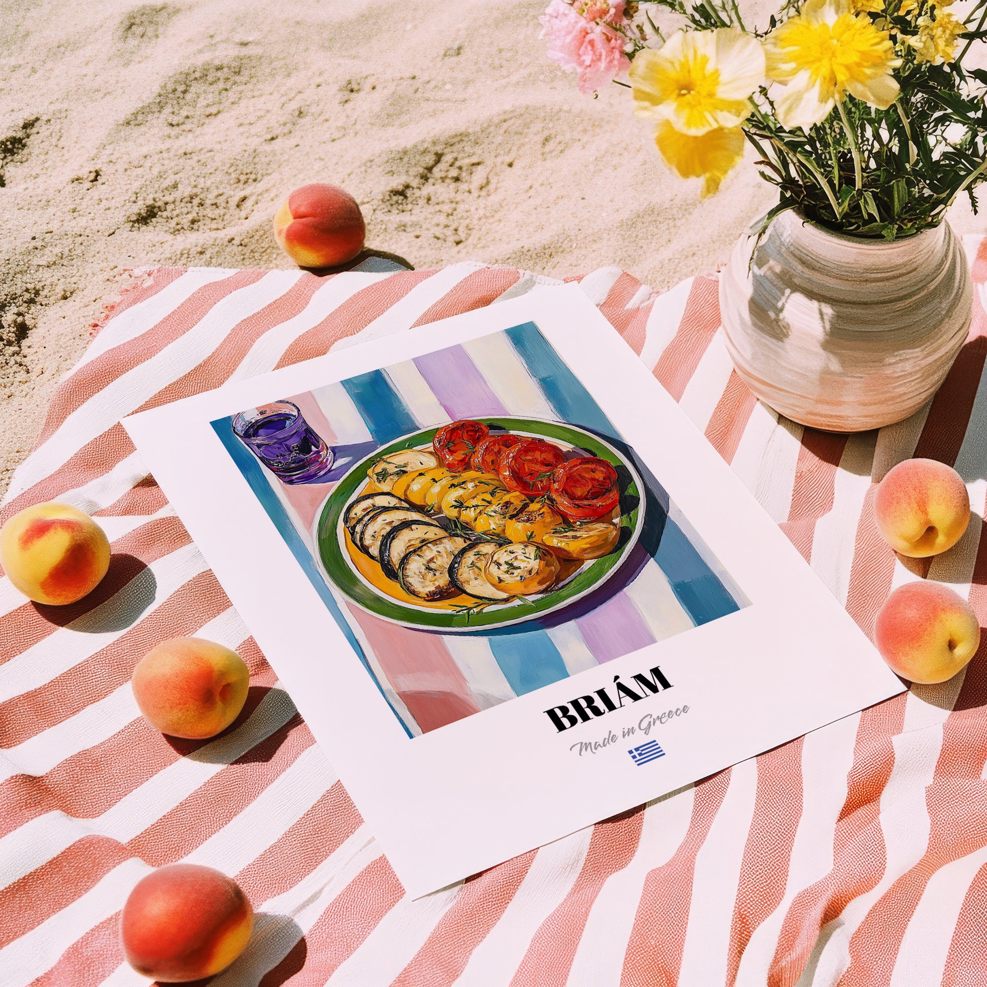 Briám – Colorful Oil Painting, Greek Food Wall Decor, unframed on coastal sand