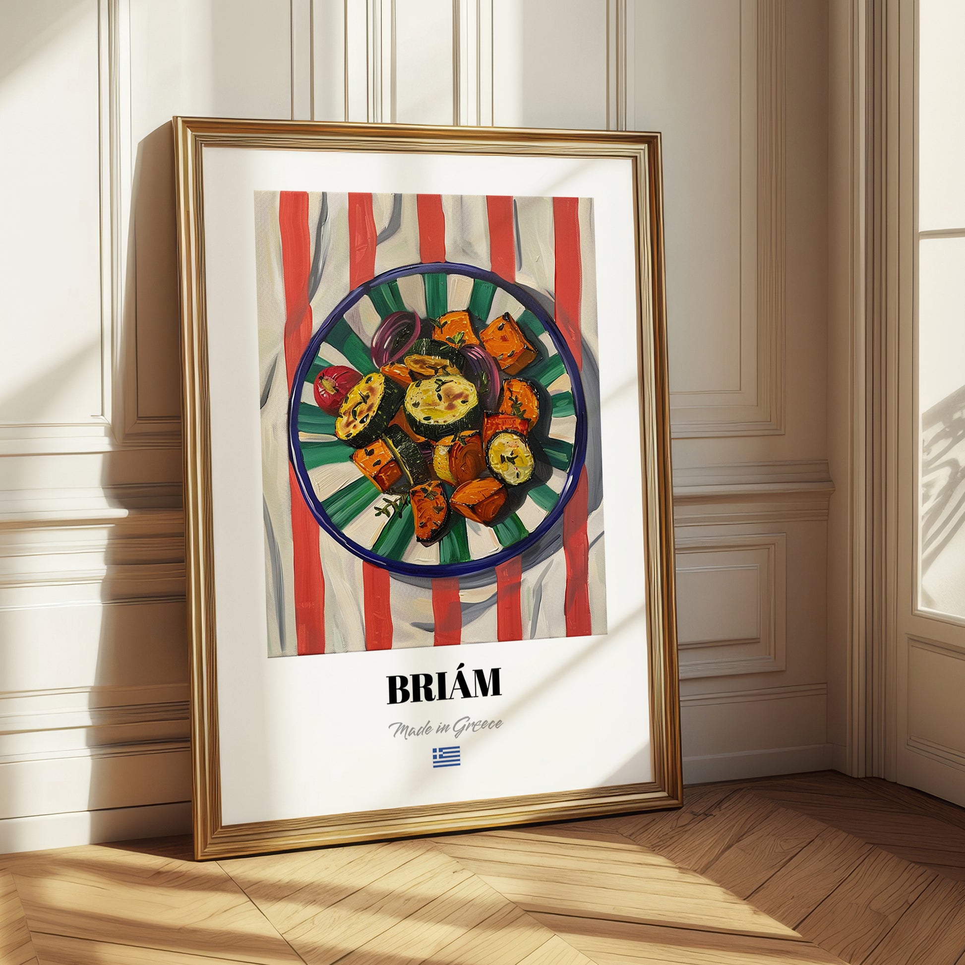 Briám – on Striped Tablecloth, Greek Food Wall Illustration