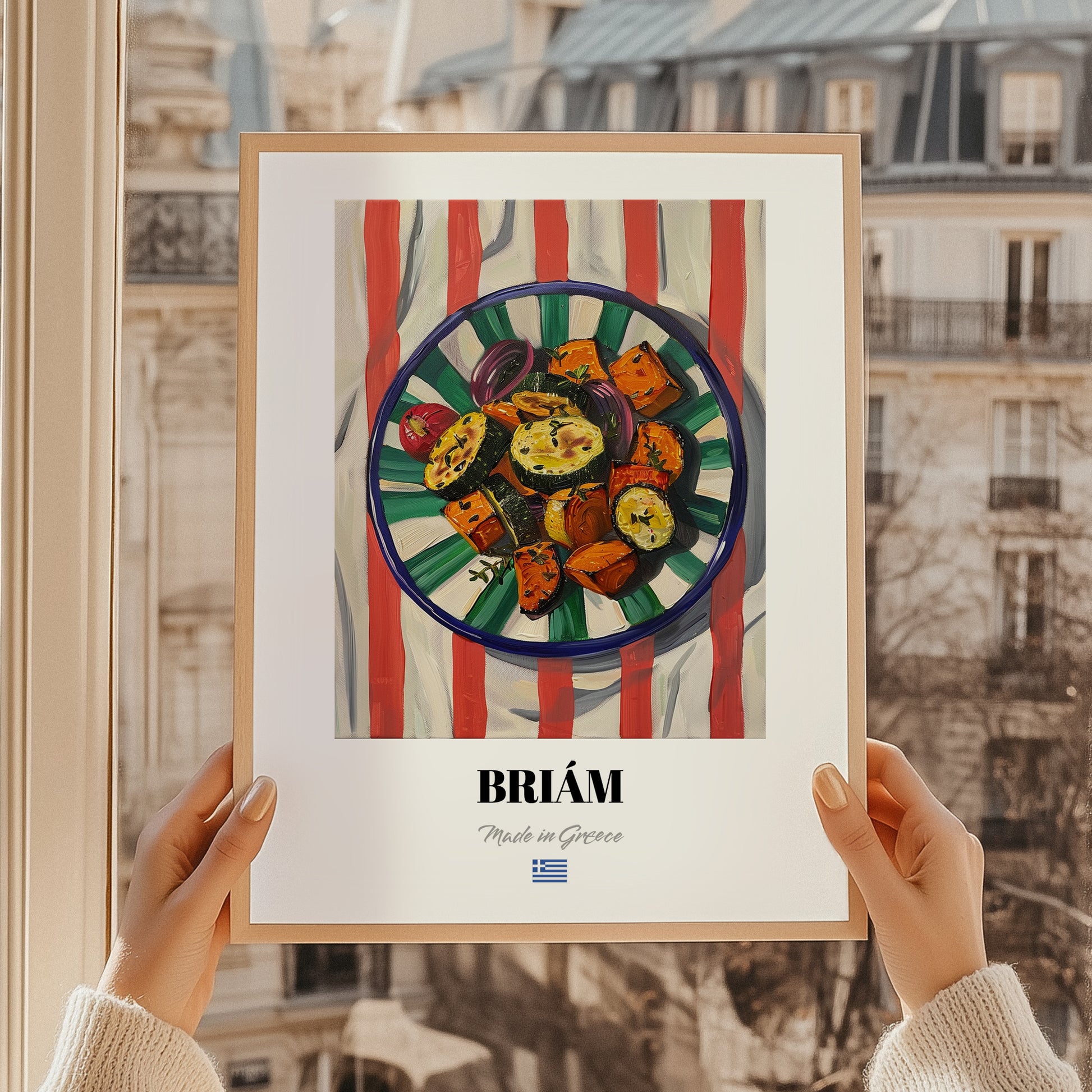Briám – on Striped Tablecloth, Greek Food Wall Illustration, styled in a charming Paris street view