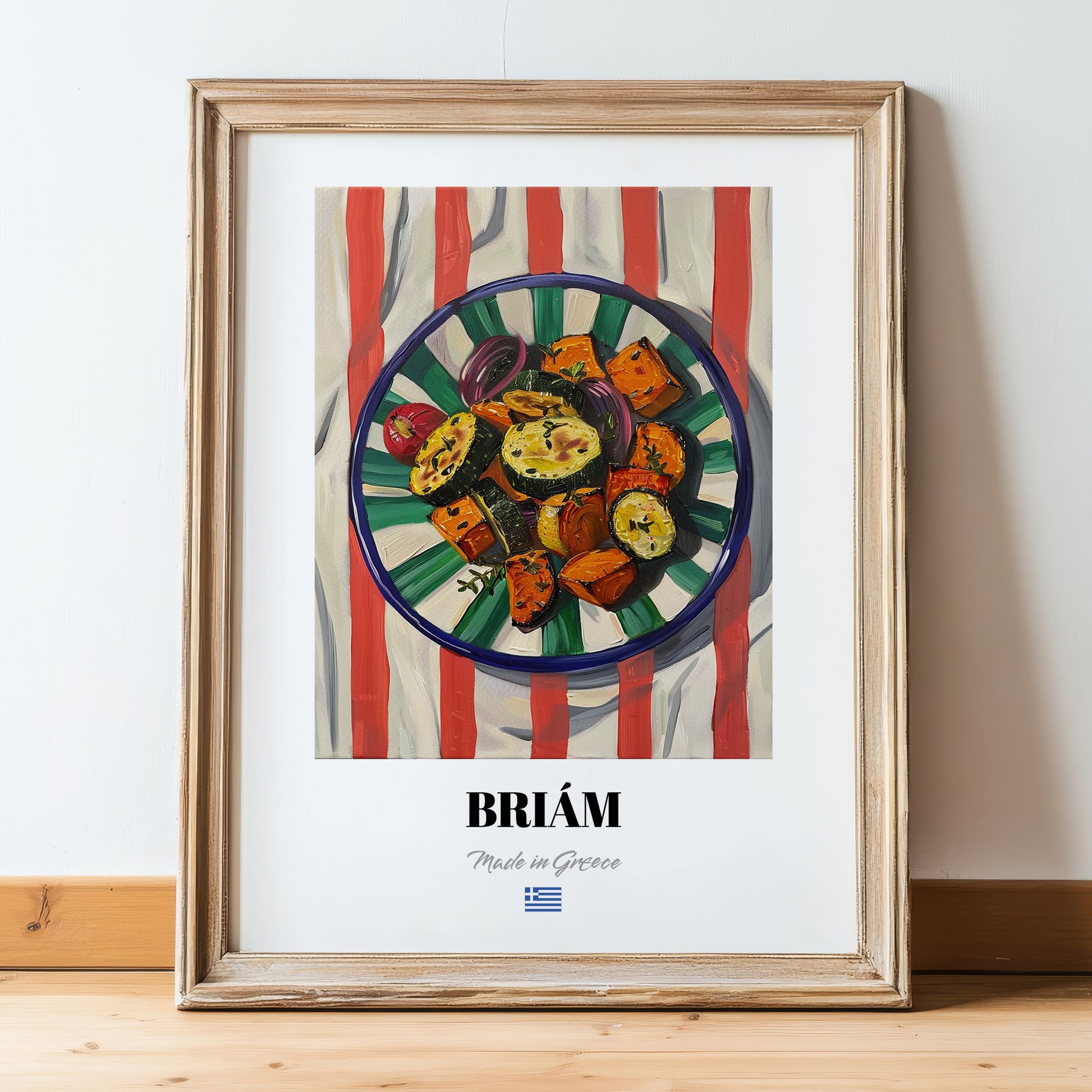 Briám – on Striped Tablecloth, Greek Food Wall Illustration, in wooden frame leaning on the floor