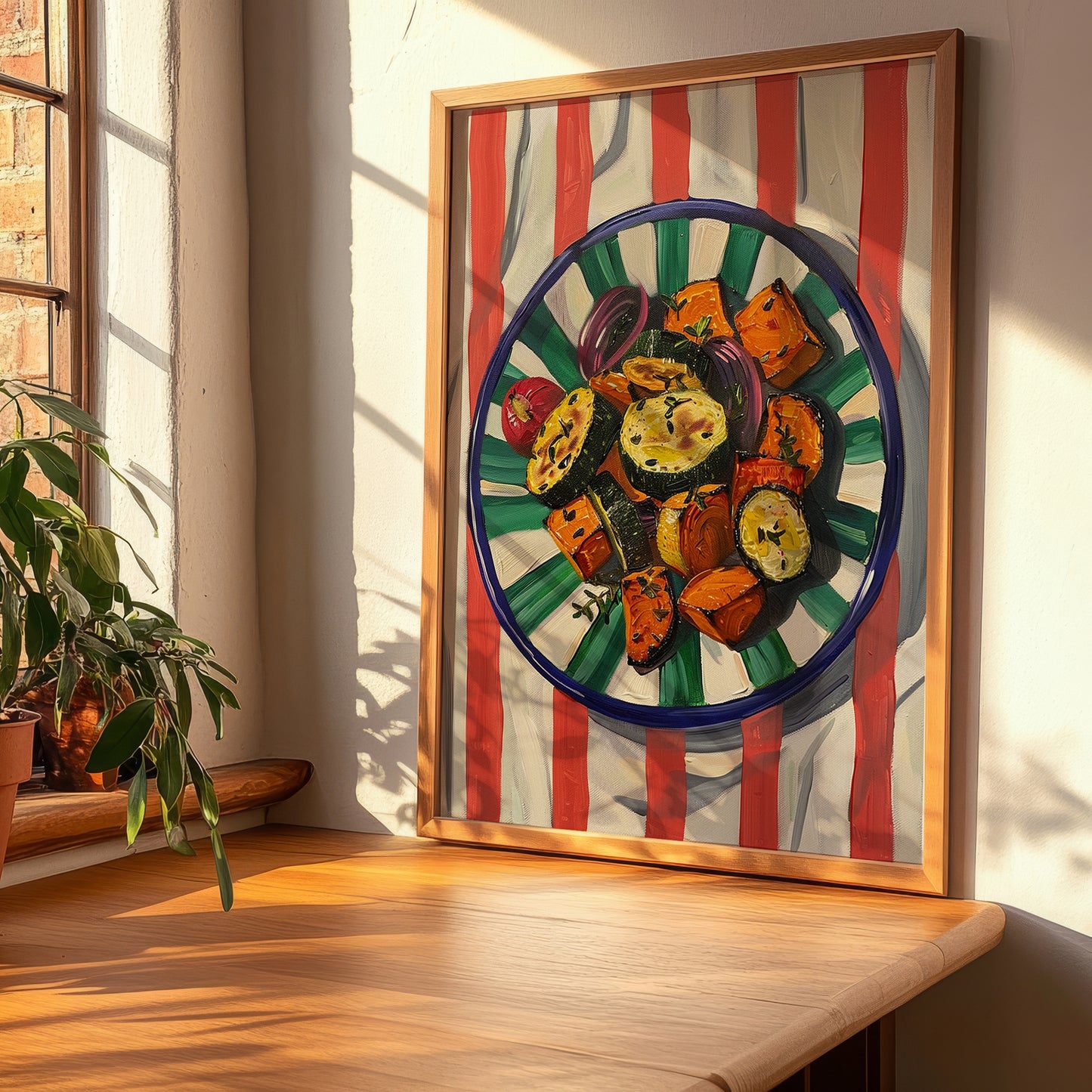 Briám – on Striped Tablecloth, Greek Food Wall Illustration, clean layout with no caption
