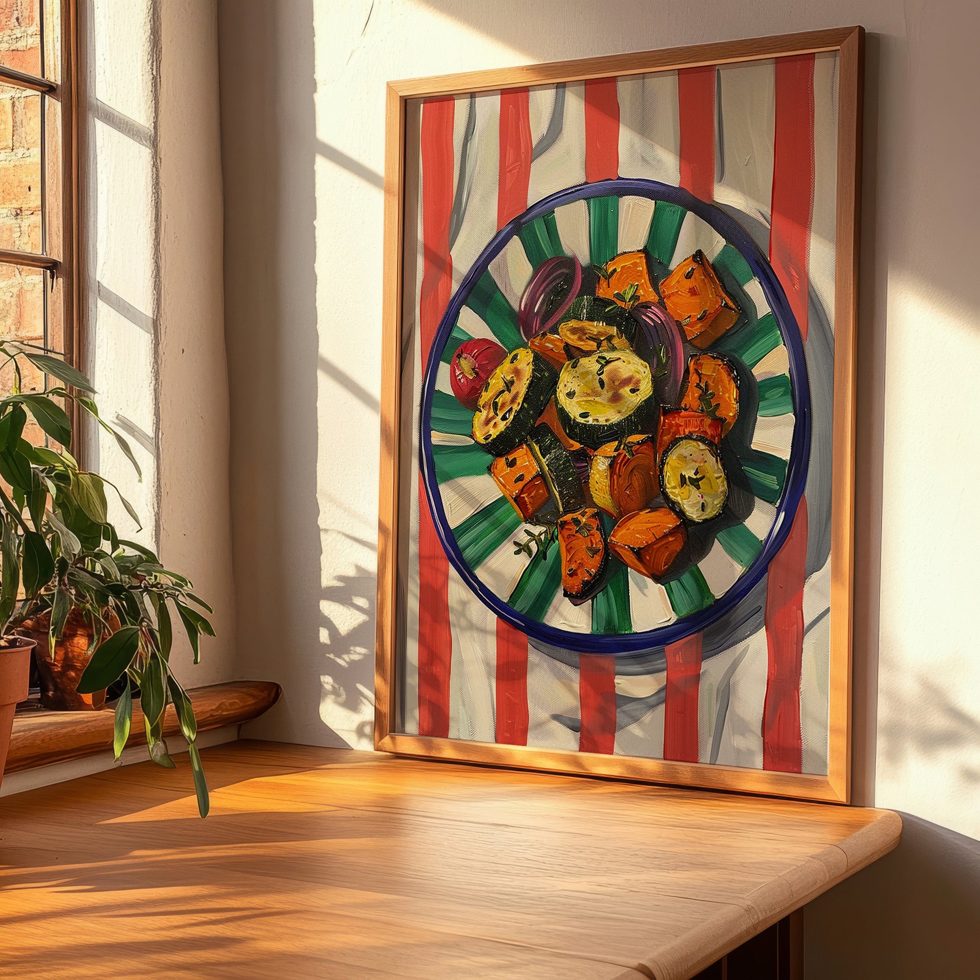 Briám – on Striped Tablecloth, Greek Food Wall Illustration, clean layout with no caption