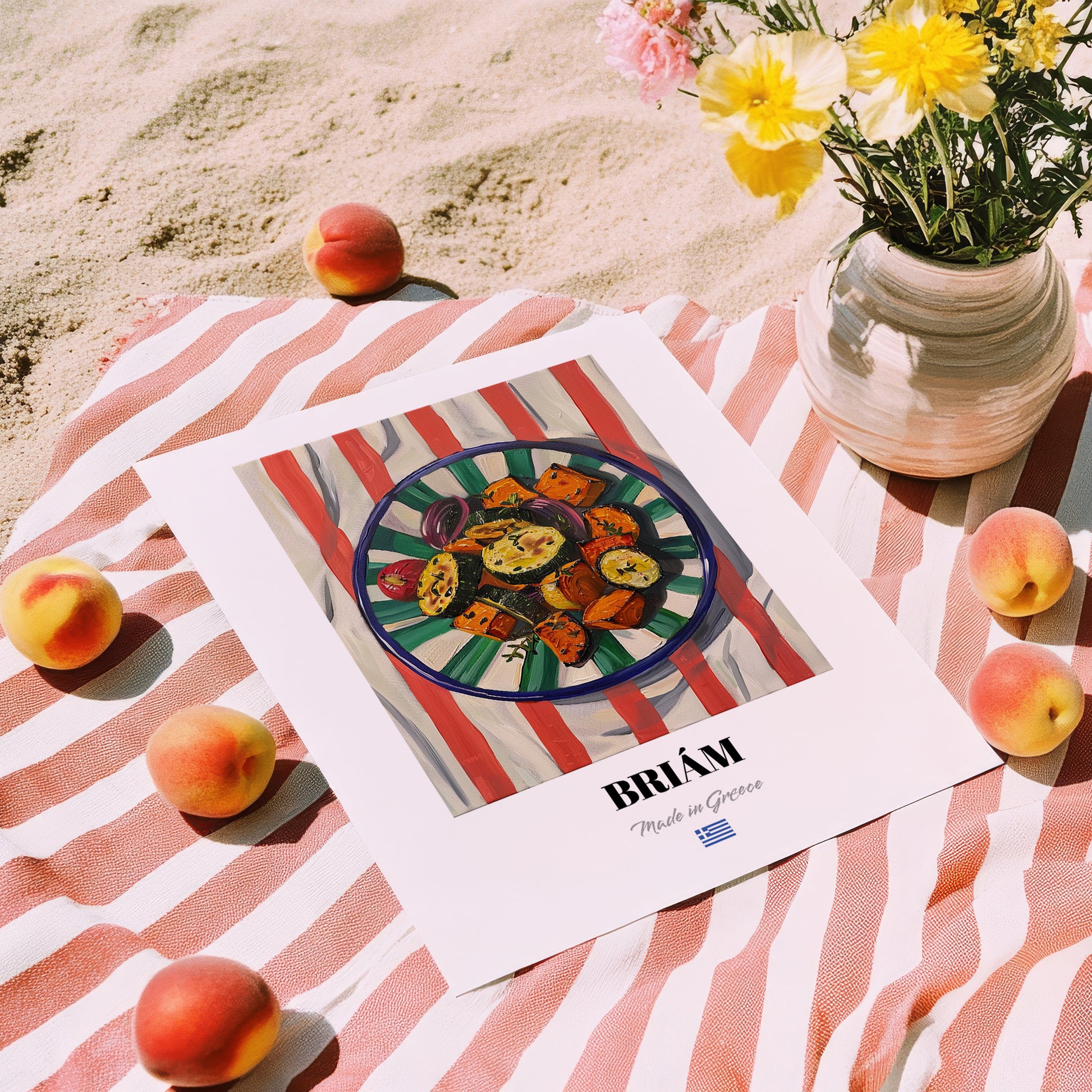 Briám – on Striped Tablecloth, Greek Food Wall Illustration, unframed on coastal sand