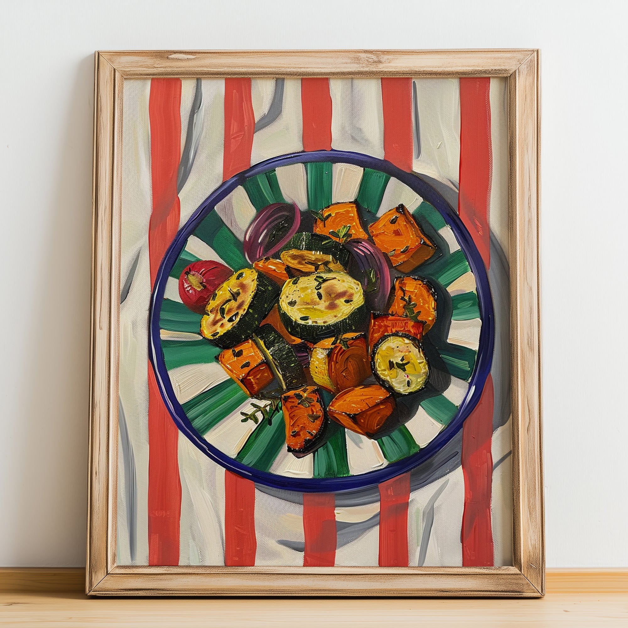 Briám – on Striped Tablecloth, Greek Food Wall Illustration, no-text version framed in wood