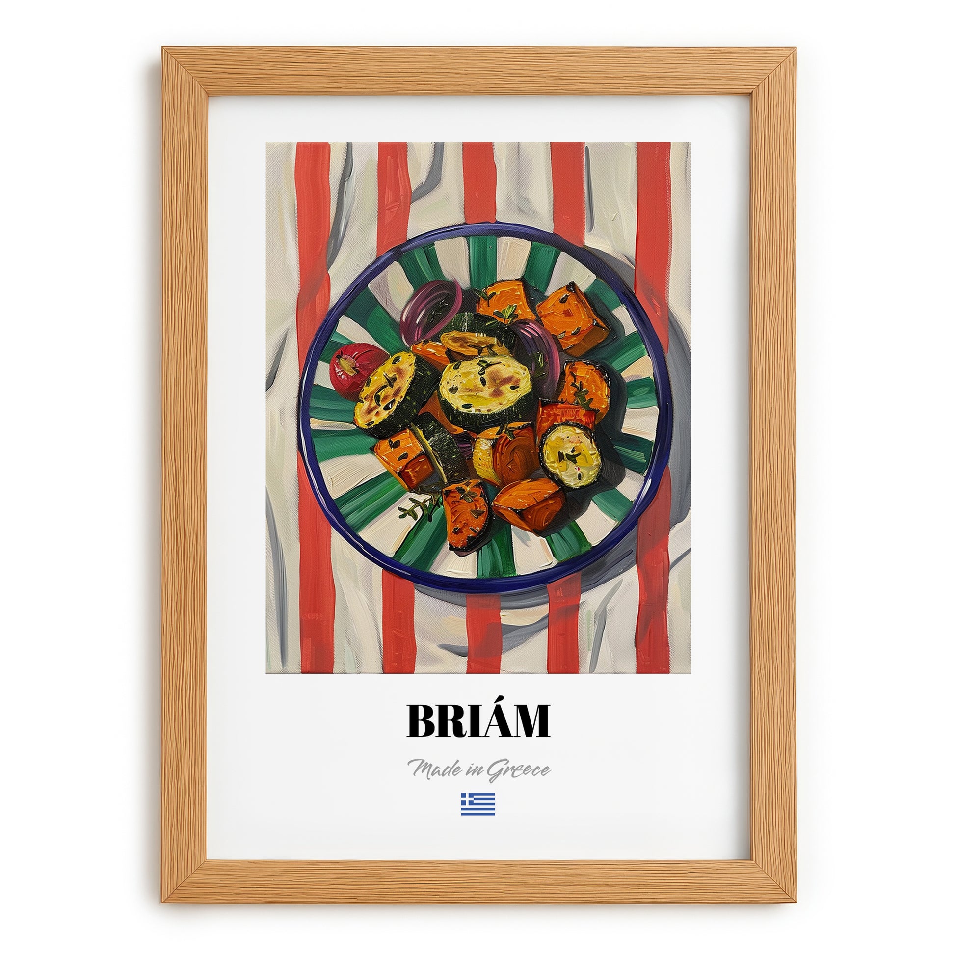 Briám – on Striped Tablecloth, Greek Food Wall Illustration, set in oak frame
