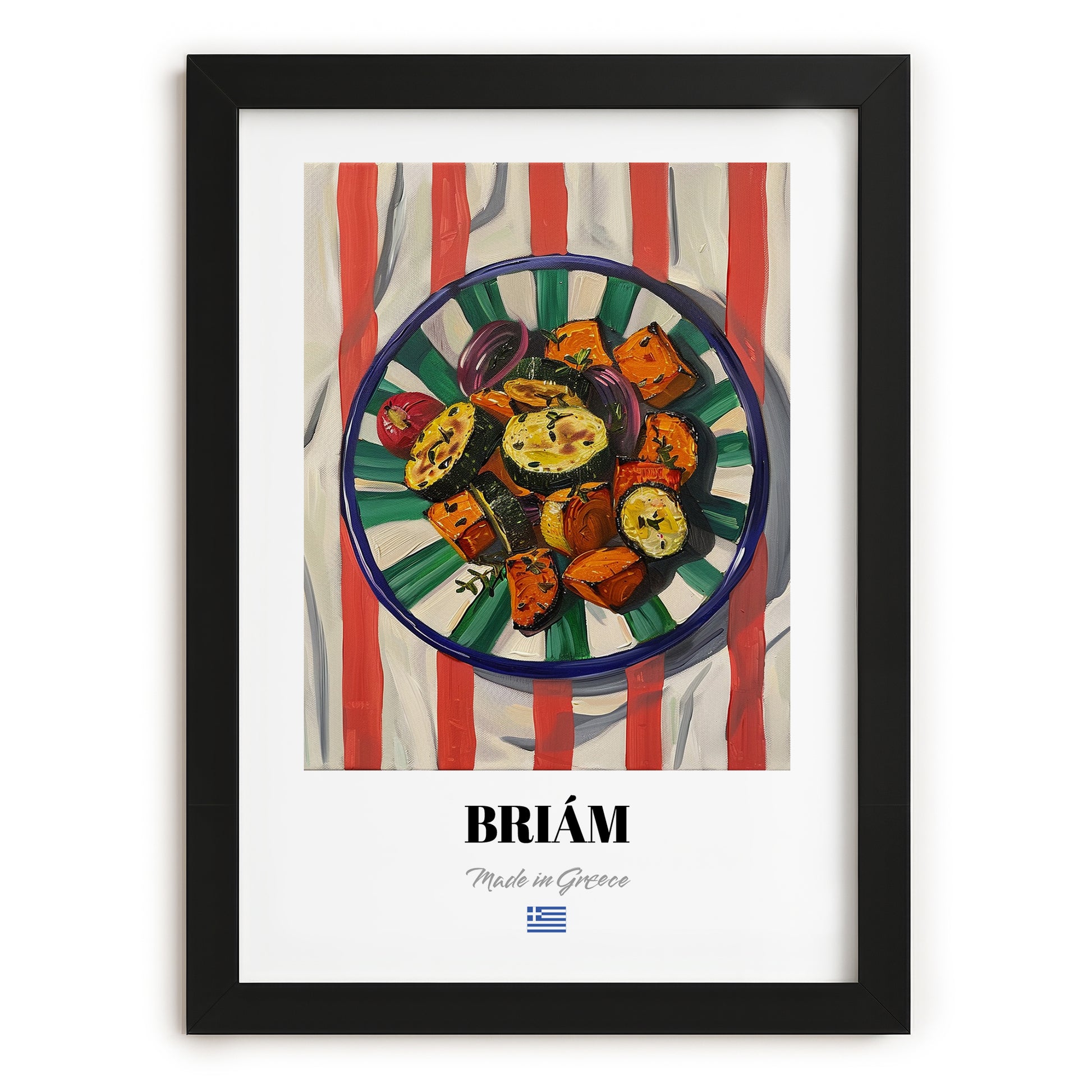 Briám – on Striped Tablecloth, Greek Food Wall Illustration, in sleek black frame