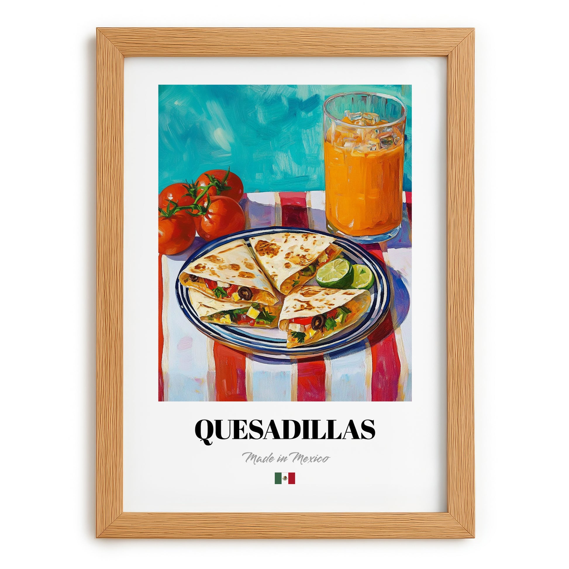 Quesadillas – Colorful Oil Painting, Mexican Cheese Painting, set in oak frame