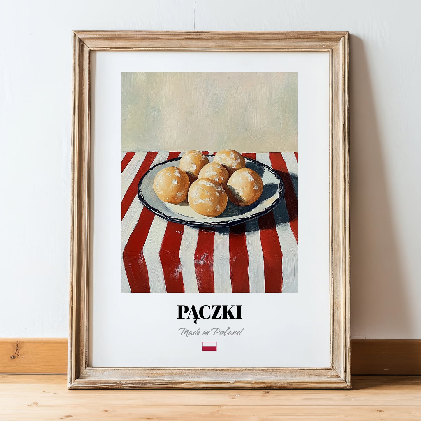 Pączki – on Striped Tablecloth, Polish Pastry Wall Decor, in wooden frame leaning on the floor
