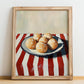 Pączki – on Striped Tablecloth, Polish Pastry Wall Decor, no-text version framed in wood