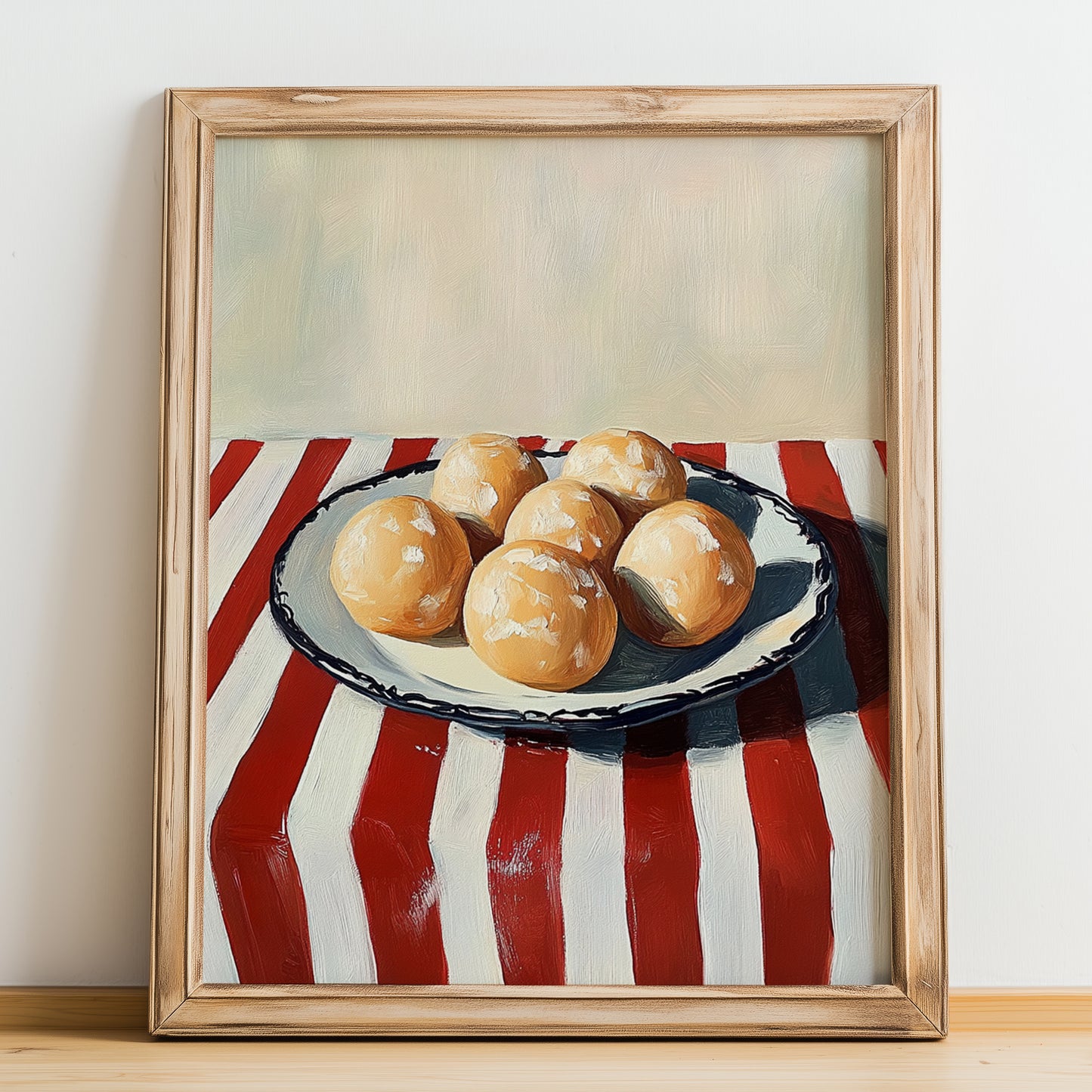Pączki – on Striped Tablecloth, Polish Pastry Wall Decor, no-text version framed in wood