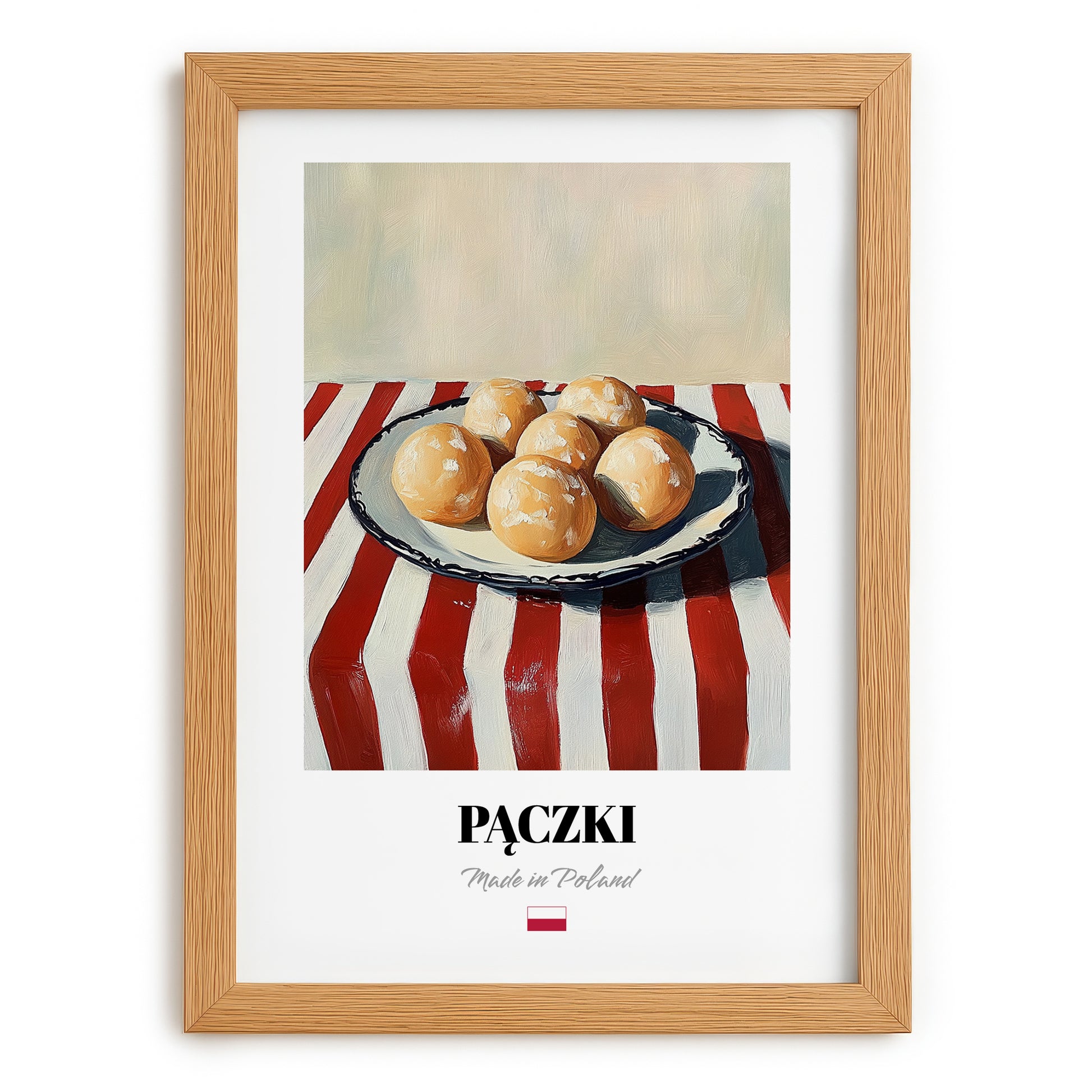 Pączki – on Striped Tablecloth, Polish Pastry Wall Decor, set in oak frame