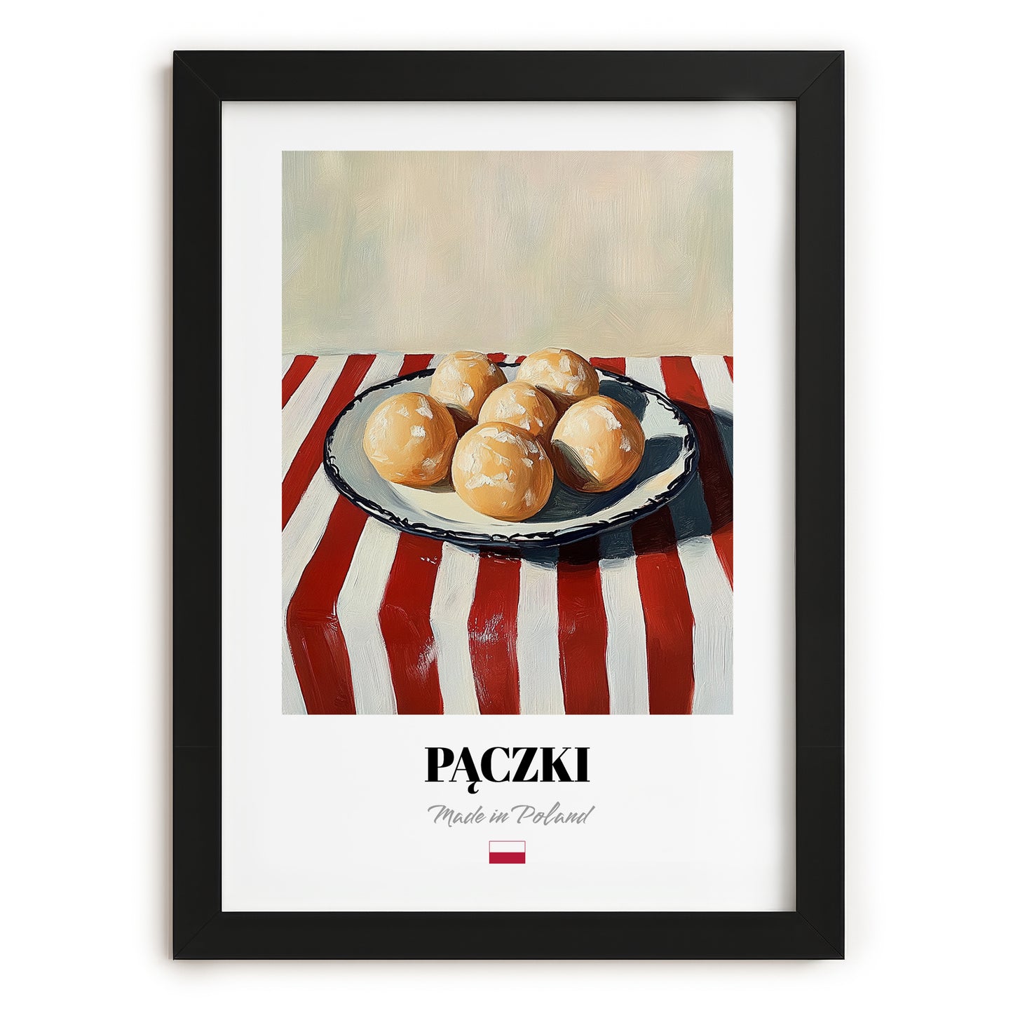 Pączki – on Striped Tablecloth, Polish Pastry Wall Decor, in sleek black frame