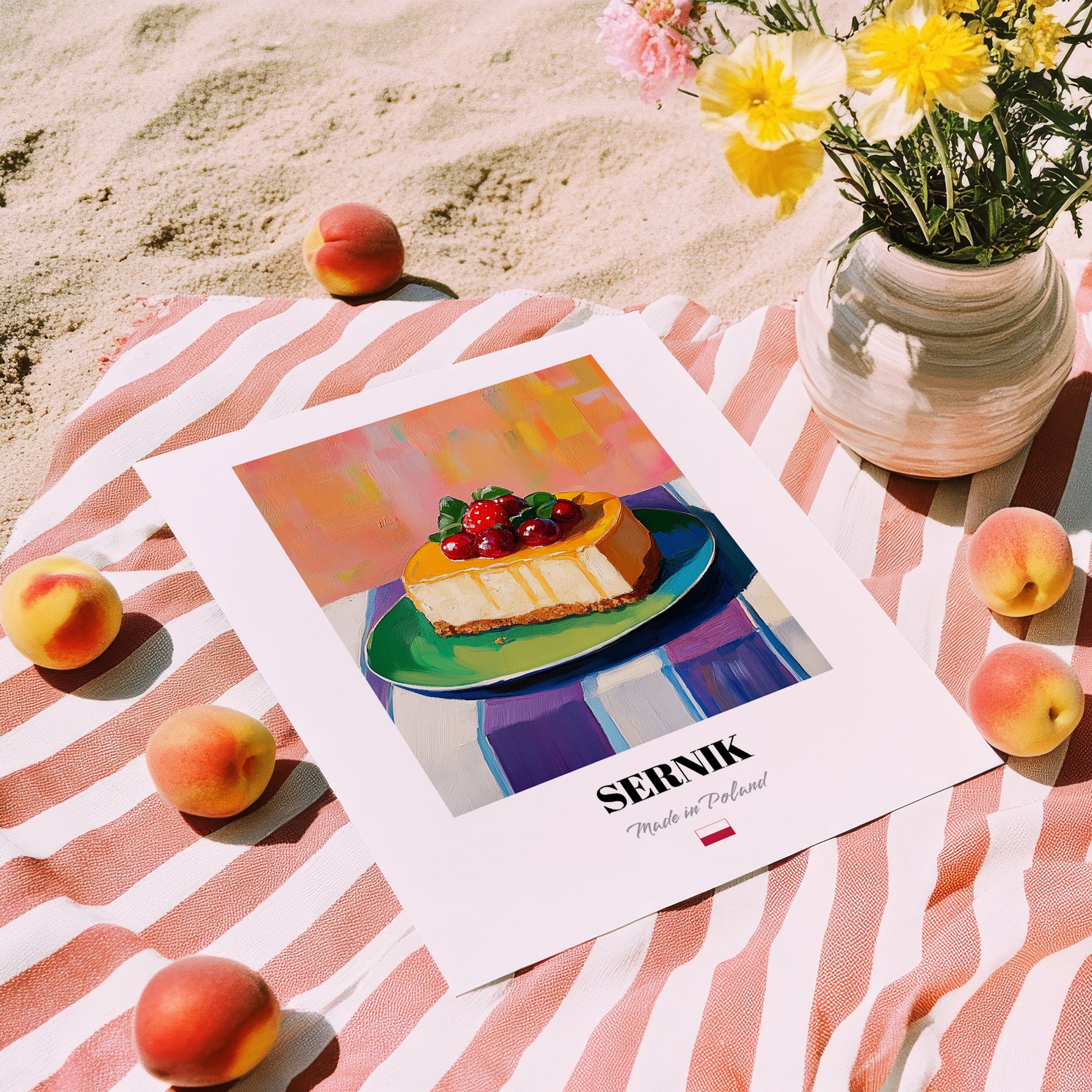 Sernik – Colorful Oil Painting, Polish Dessert Illustration, unframed on coastal sand