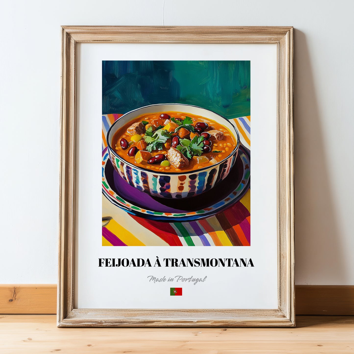 Feijoada à Transmontana – Art, Portuguese Food Illustration, in wooden frame leaning on the floor