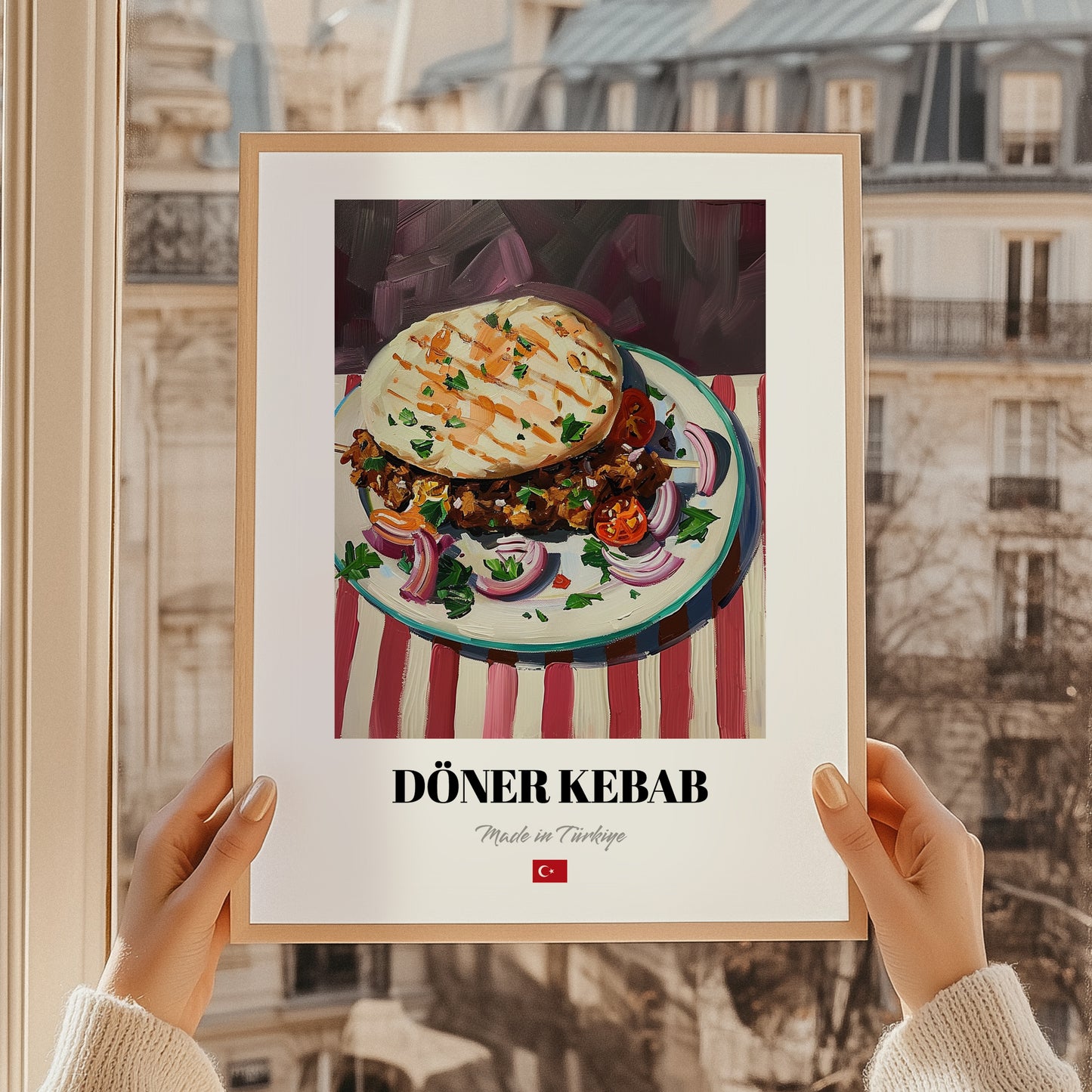 Döner Kebab – on Striped Tablecloth, Turkish Food Painting, styled in a charming Paris street view