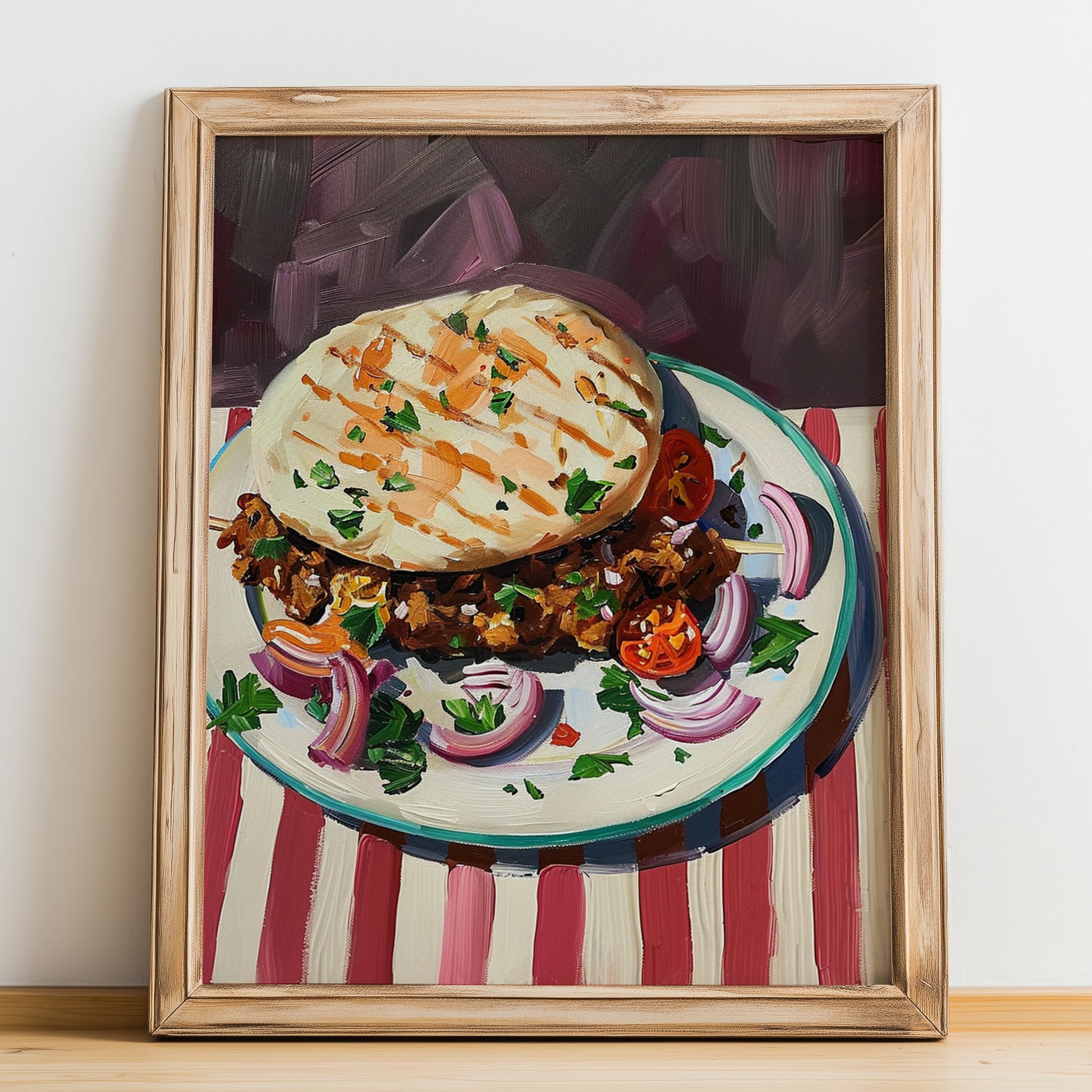 Döner Kebab – on Striped Tablecloth, Turkish Food Painting, no-text version framed in wood