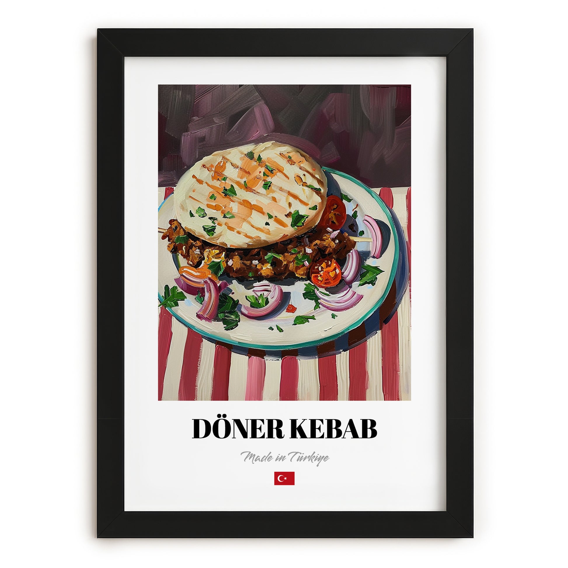 Döner Kebab – on Striped Tablecloth, Turkish Food Painting, in sleek black frame