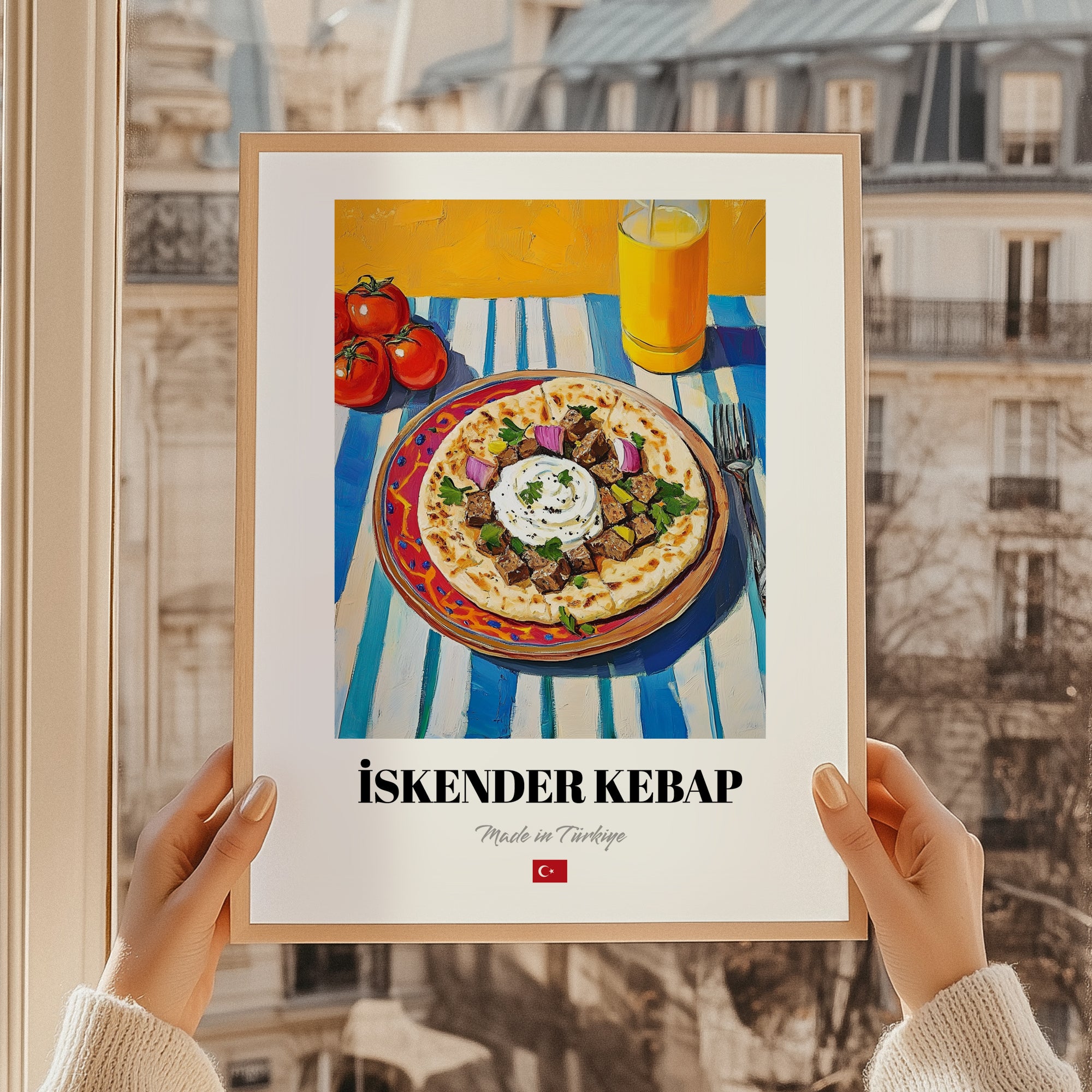 İskender Kebap – Oil Painting, Turkish Food Illustration, styled in a charming Paris street view