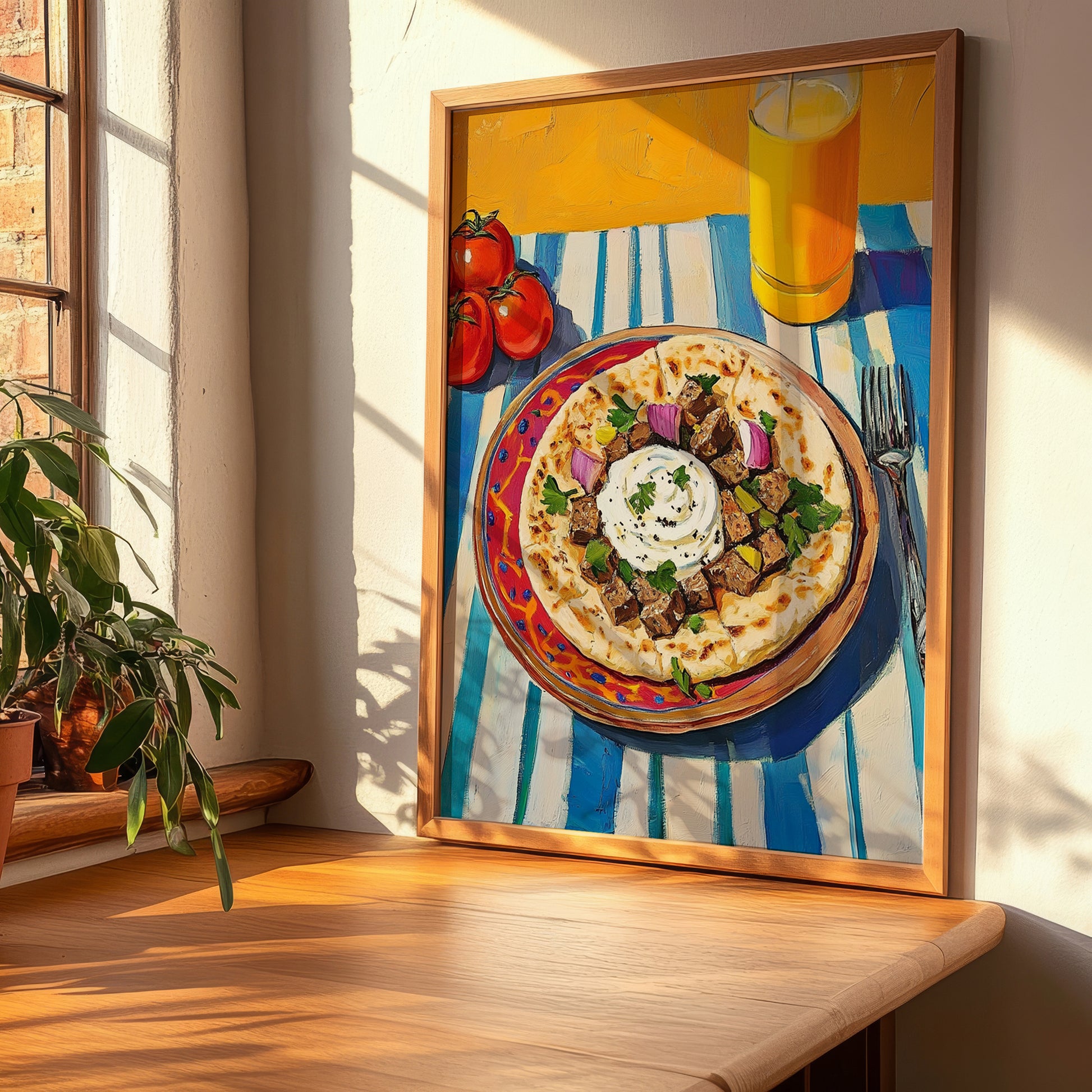 İskender Kebap – Oil Painting, Turkish Food Illustration, clean layout with no caption