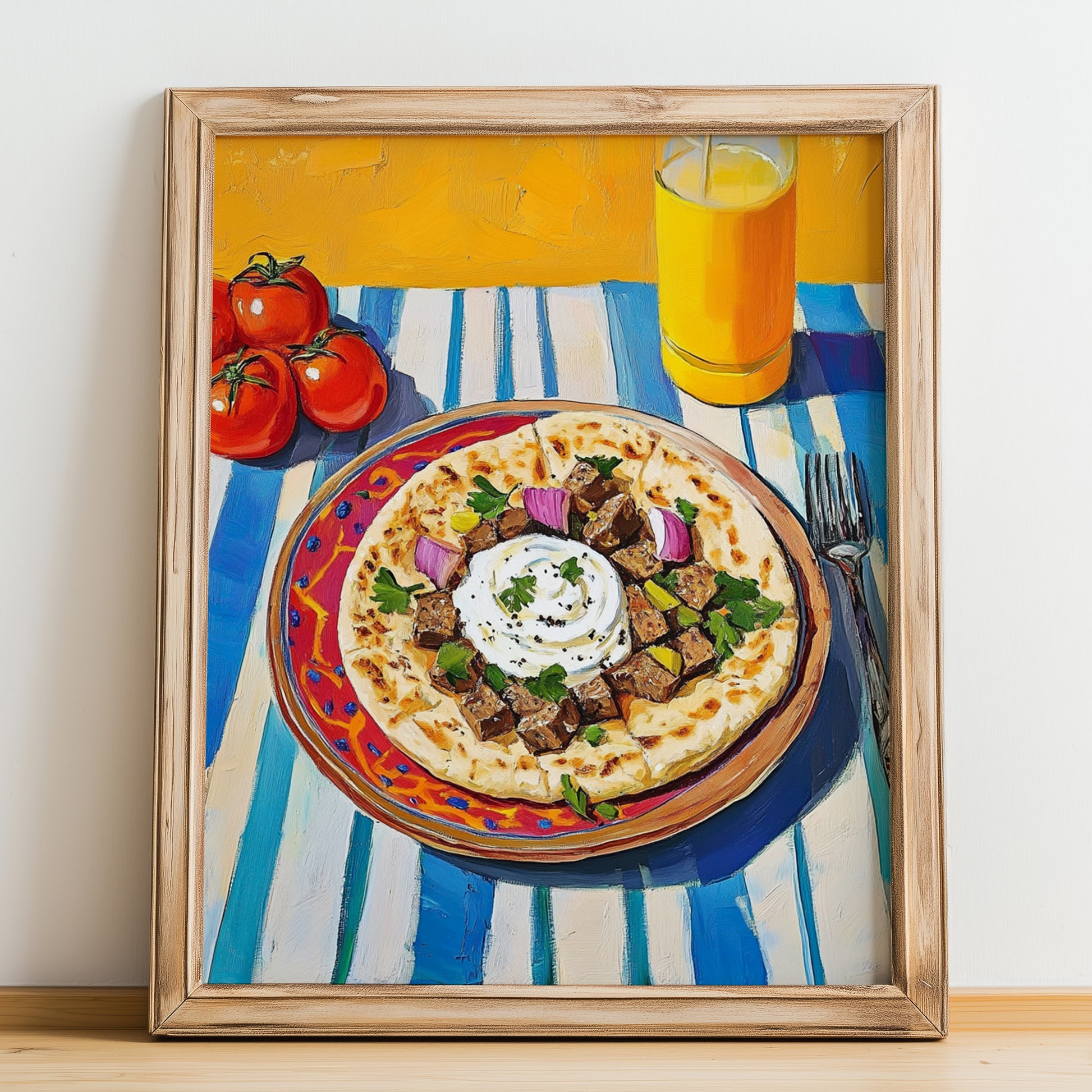 İskender Kebap – Oil Painting, Turkish Food Illustration, no-text version framed in wood