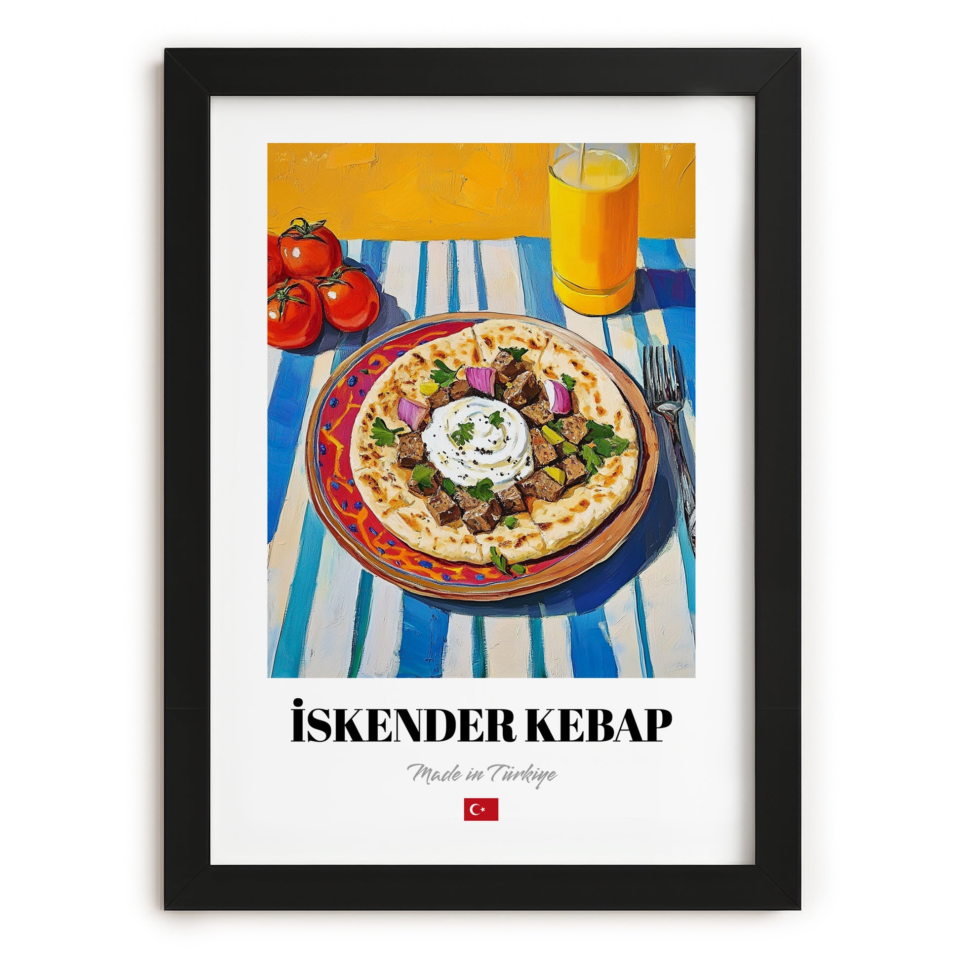 İskender Kebap – Oil Painting, Turkish Food Illustration, in sleek black frame