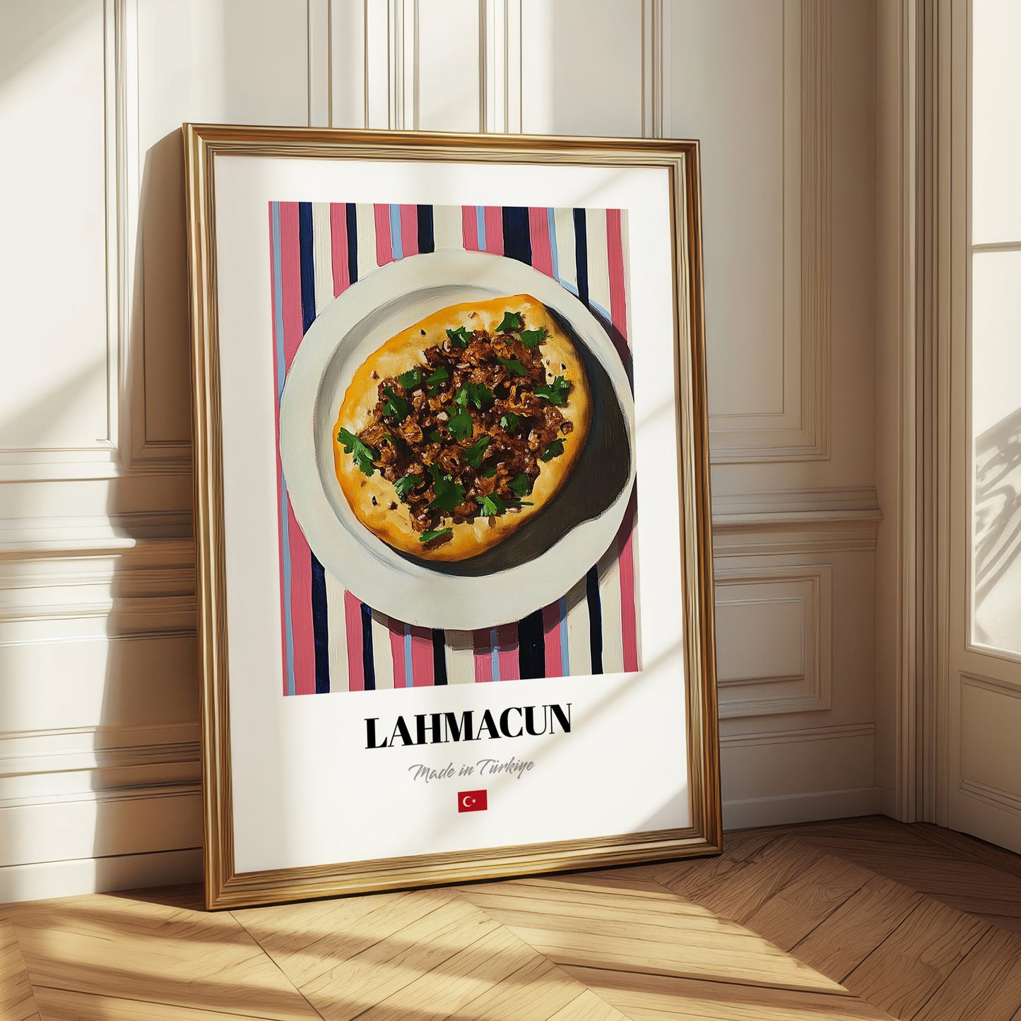 Lahmacun – on Striped Tablecloth, Turkish Food Painting