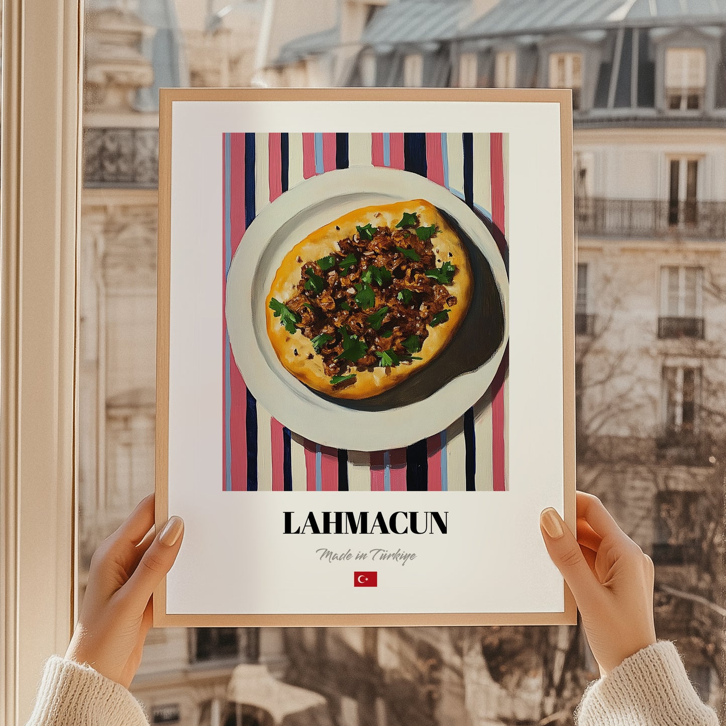 Lahmacun – on Striped Tablecloth, Turkish Food Painting, styled in a charming Paris street view