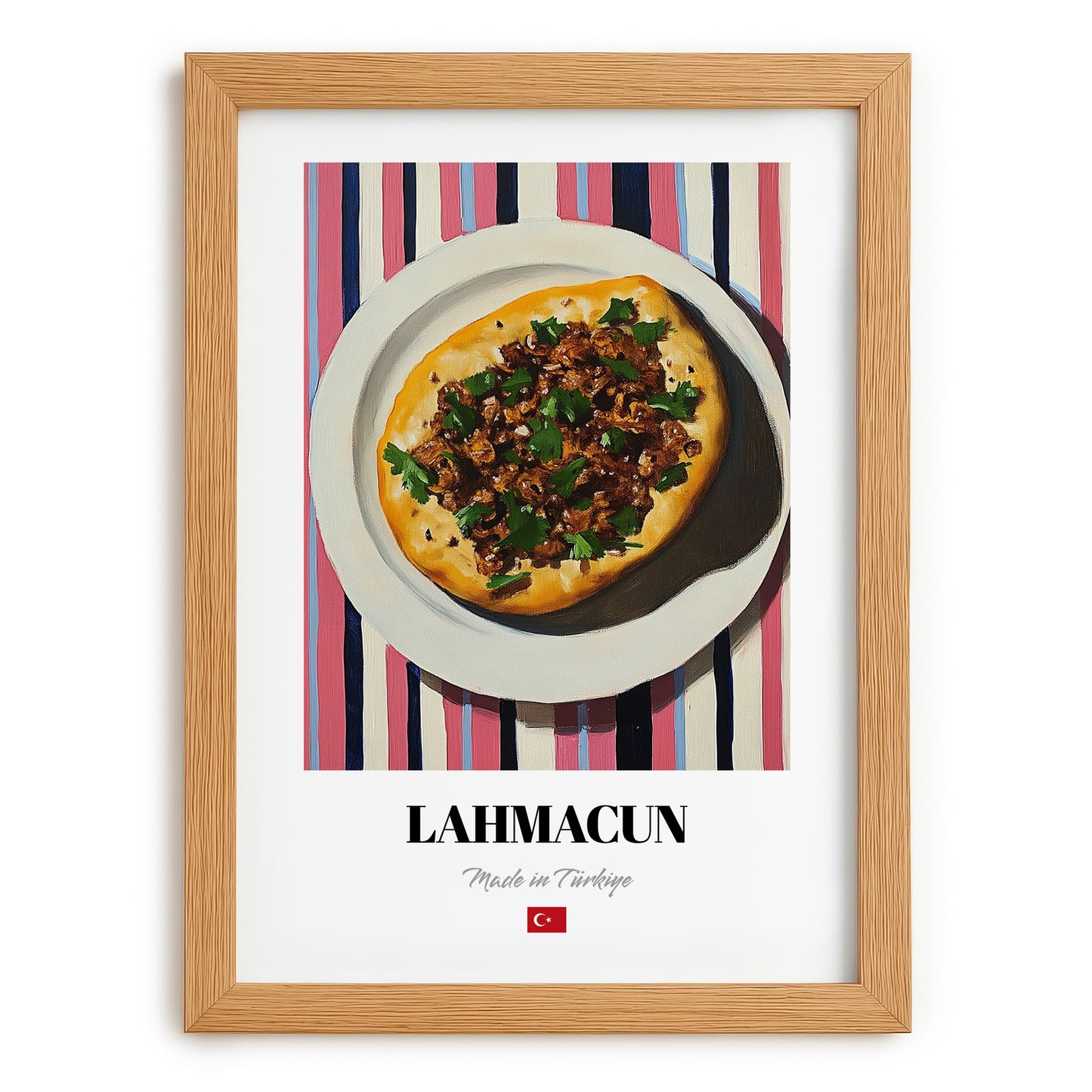 Lahmacun – on Striped Tablecloth, Turkish Food Painting, set in oak frame