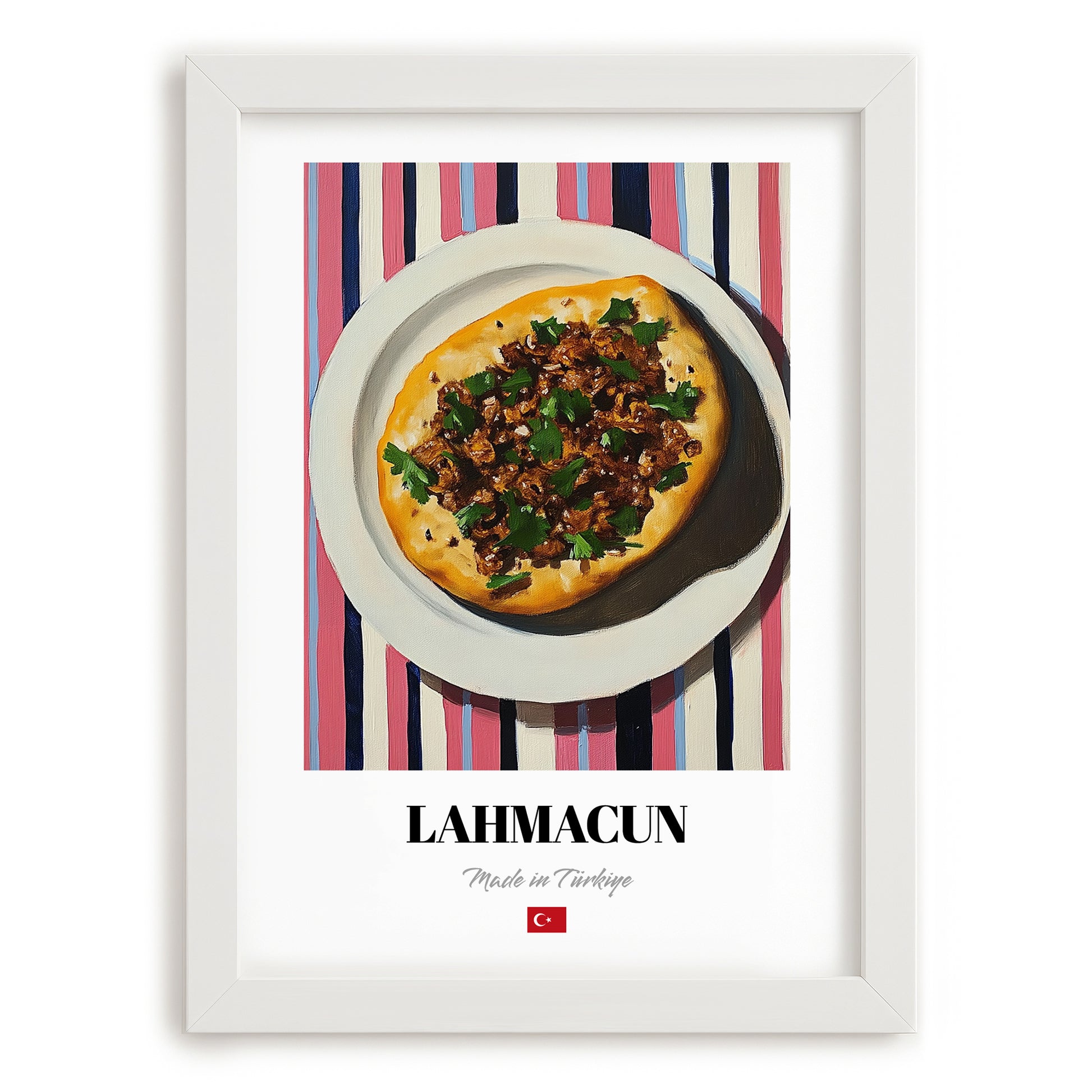 Lahmacun – on Striped Tablecloth, Turkish Food Painting, placed in minimal white frame