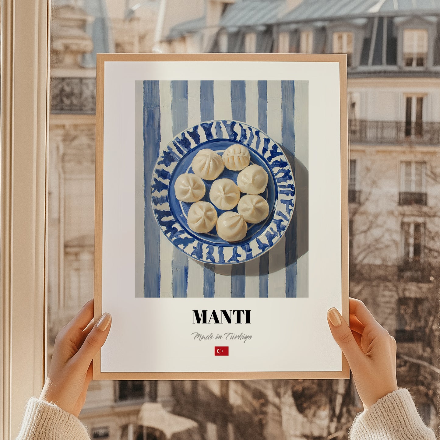 Mantı – on Striped Tablecloth, Turkish Pasta Painting, styled in a charming Paris street view