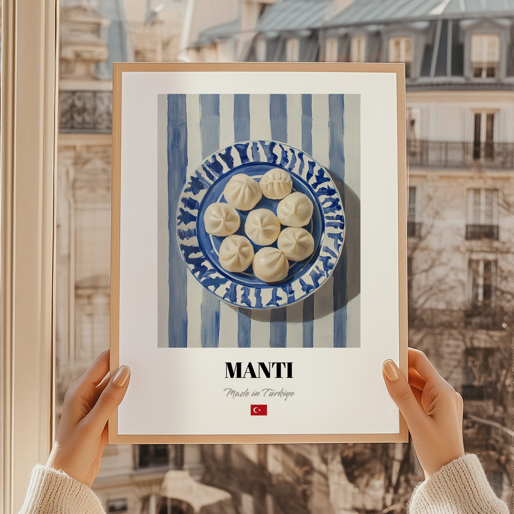 Mantı – on Striped Tablecloth, Turkish Pasta Painting, styled in a charming Paris street view