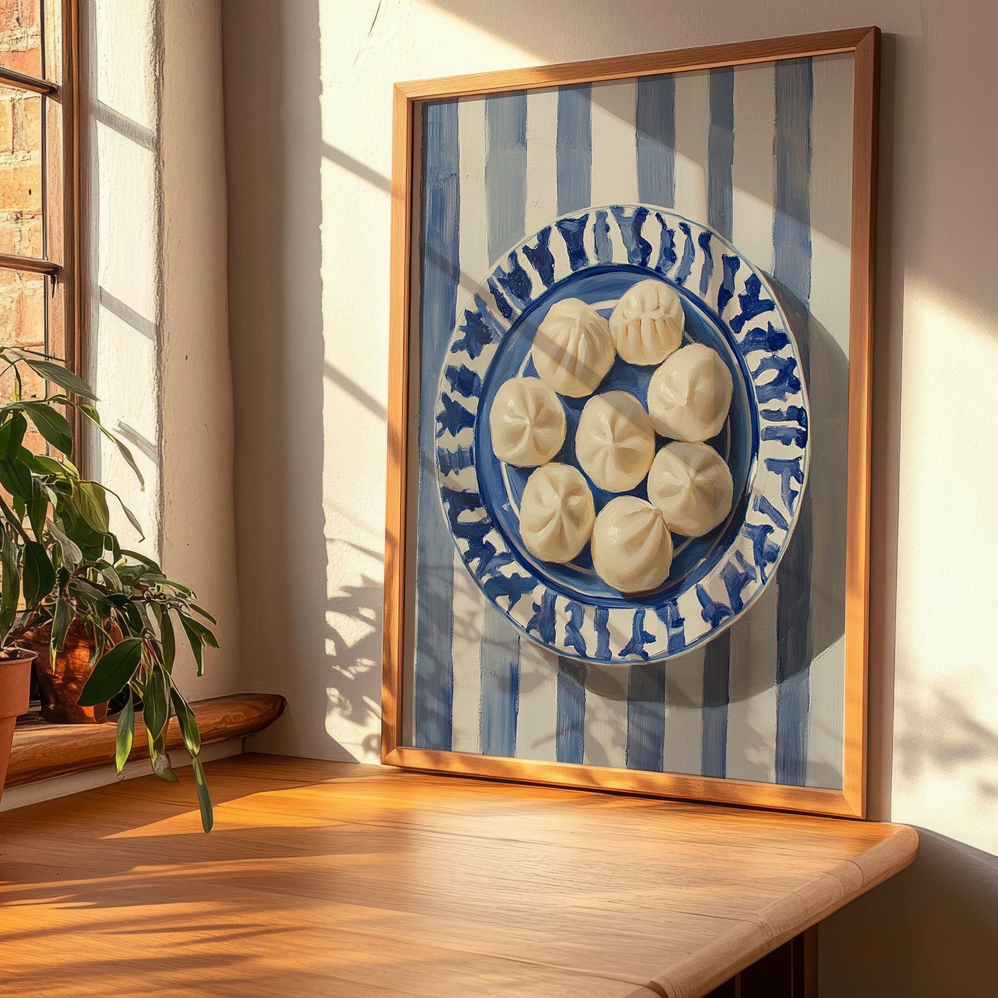 Mantı – on Striped Tablecloth, Turkish Pasta Painting, clean layout with no caption