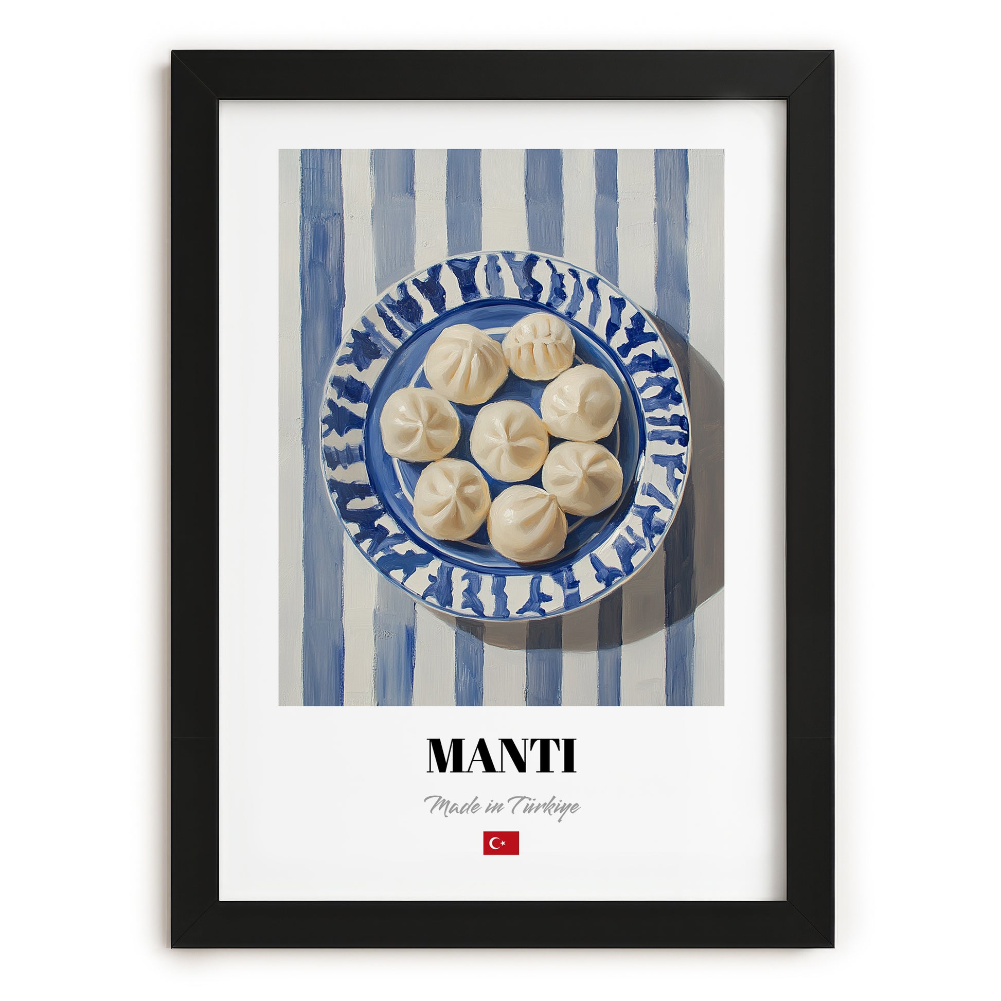 Mantı – on Striped Tablecloth, Turkish Pasta Painting, in sleek black frame