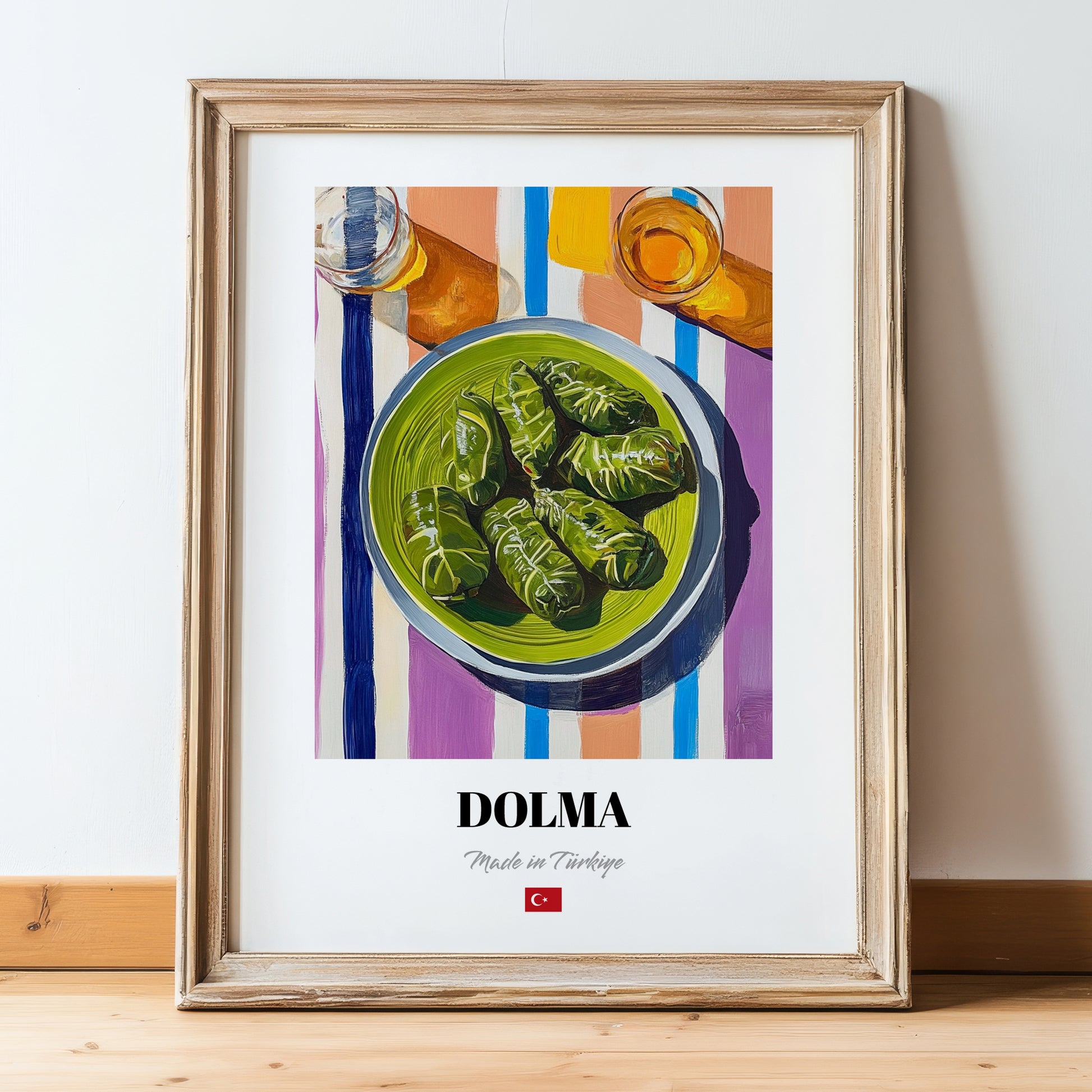 Dolma – on Striped Tablecloth, Turkish Food Wall Decor, in wooden frame leaning on the floor