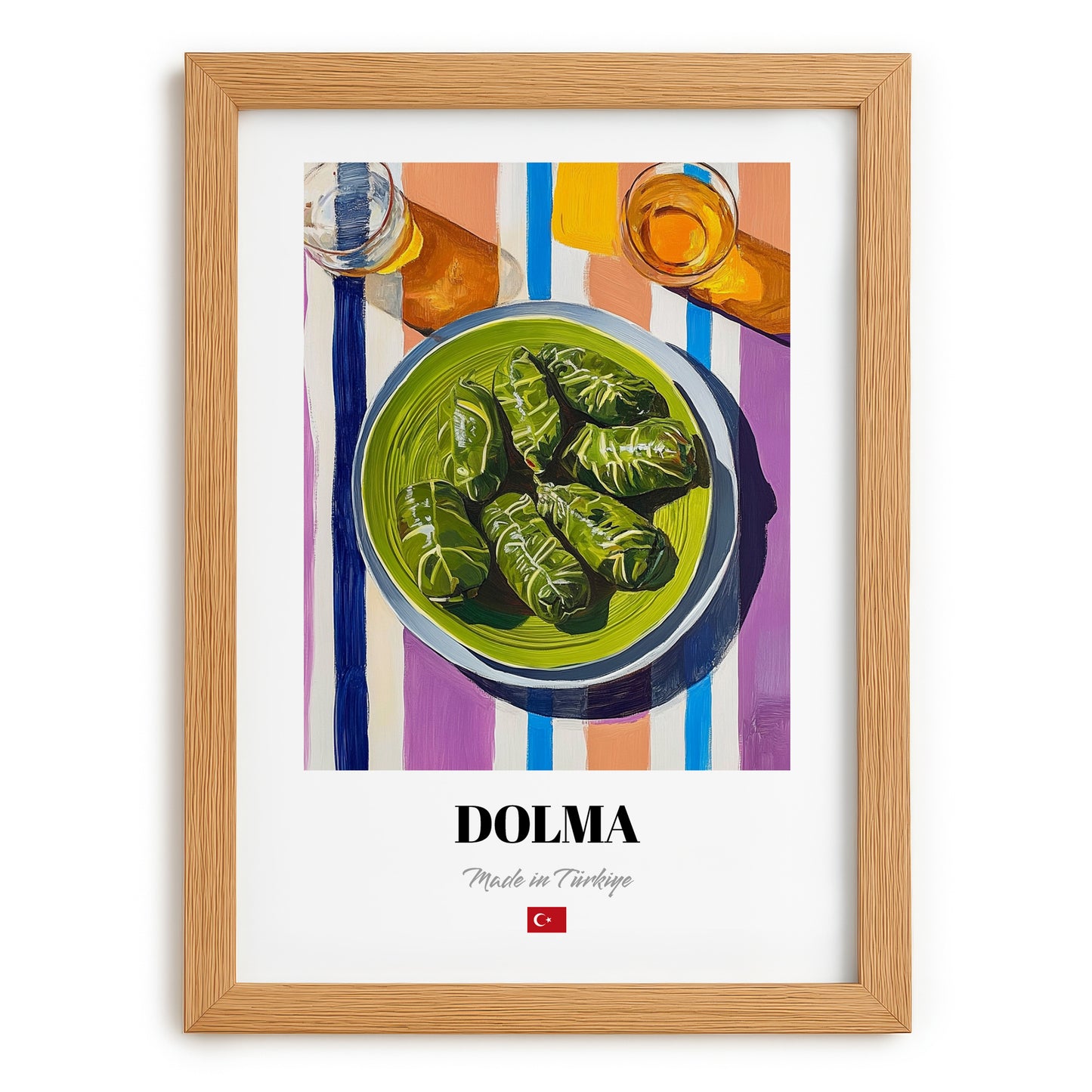 Dolma – on Striped Tablecloth, Turkish Food Wall Decor, set in oak frame