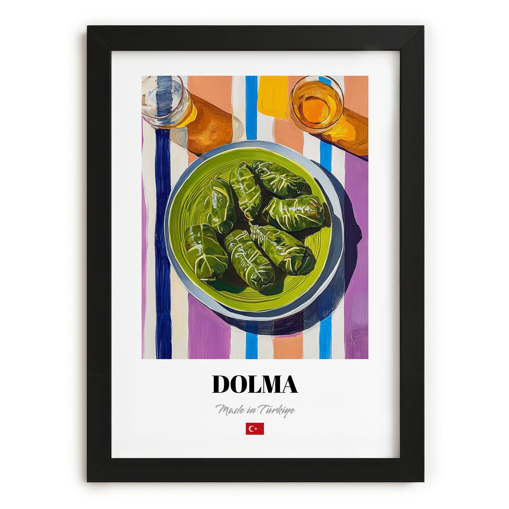 Dolma – on Striped Tablecloth, Turkish Food Wall Decor, in sleek black frame