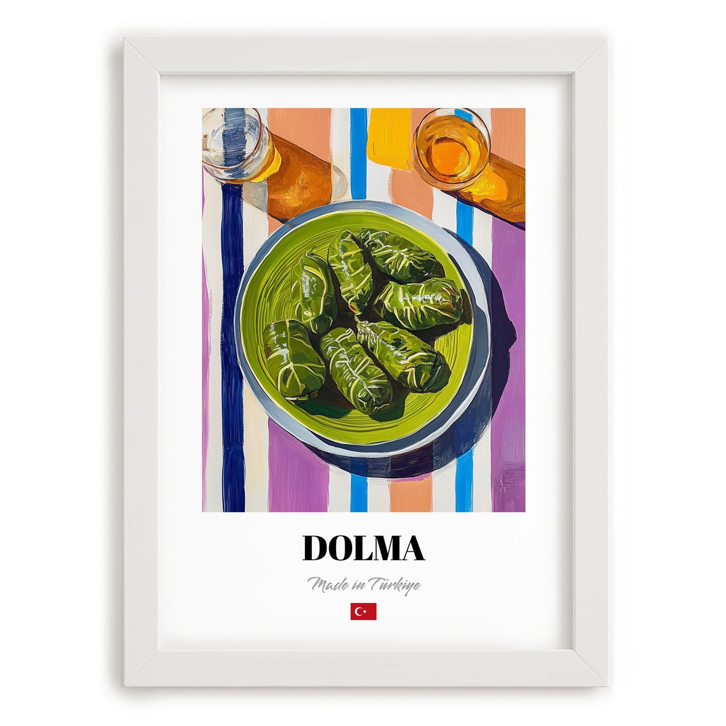 Dolma – on Striped Tablecloth, Turkish Food Wall Decor, placed in minimal white frame